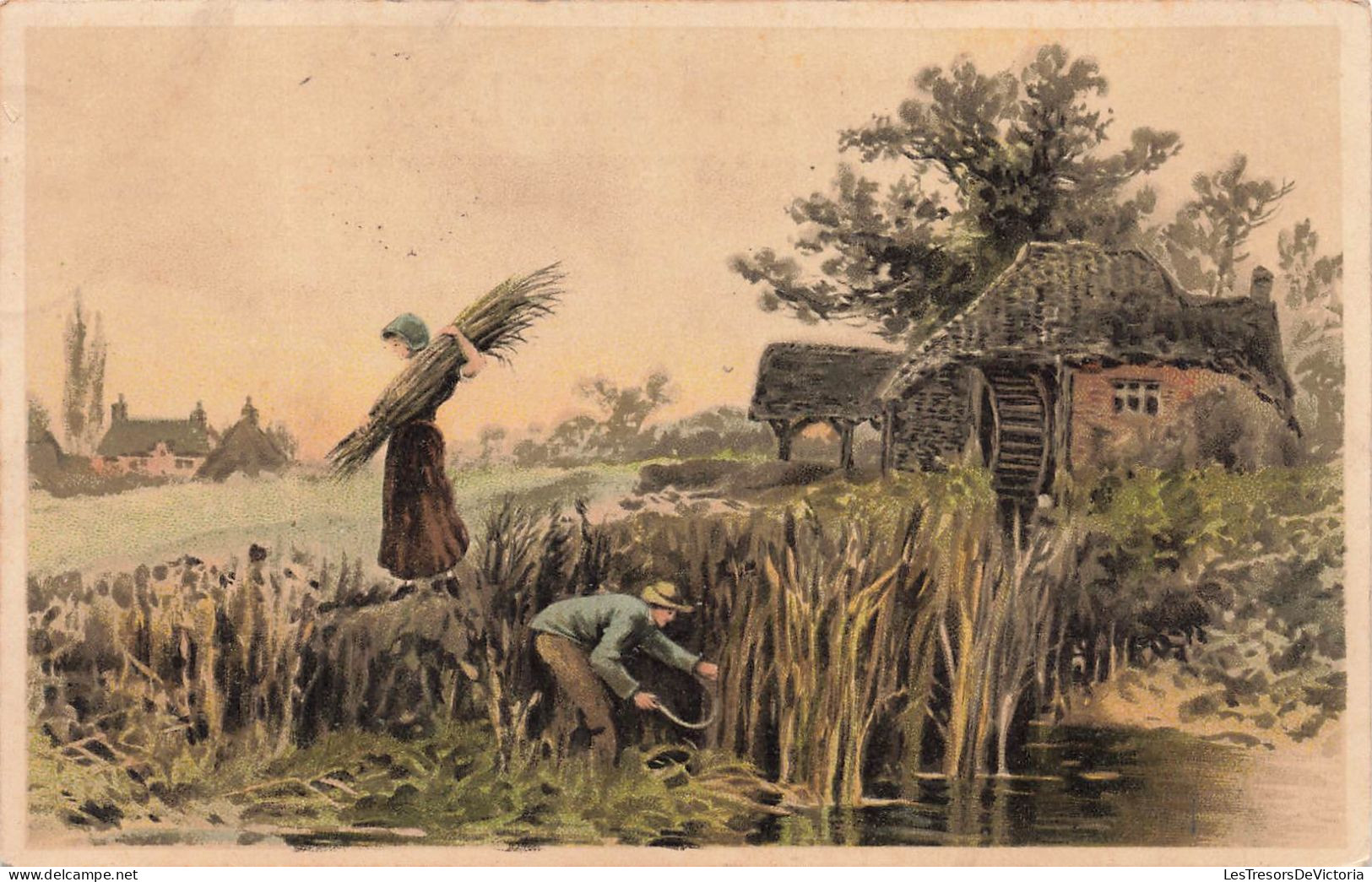 ARTS - Tableau - Homme Coupant Du Roseau - Femme Avec Une Botte De Foin - Moulin à Eau  - Carte Postale Ancienne - Malerei & Gemälde