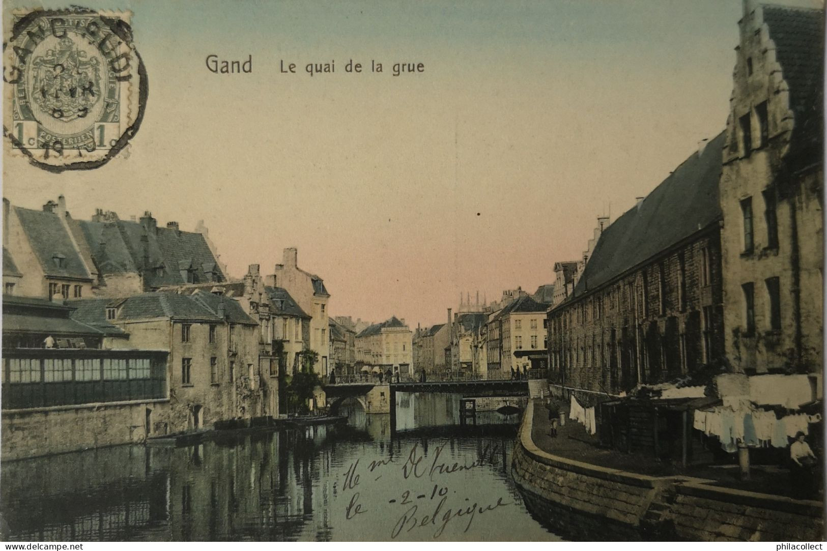 Gent - Gand  // Le Quai De La Grue (niet Standaard) (Kleur En Wasgoed Aan De Lijn) 1910 - Gent