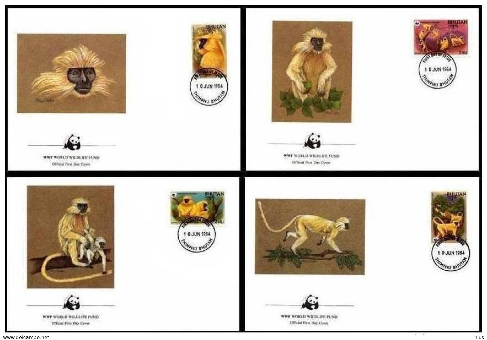 Bhutan 1984 WWF W.W.F Golden Langur FDC Set X4 Monkey Fauna - FDC