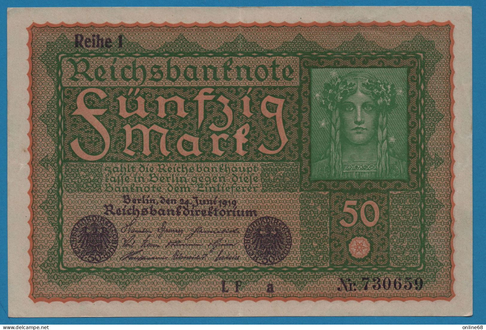 DEUTSCHES REICH 50 MARK 24.06.1919 REIHE 1 Alpha LF A #730659 P# 66 - 50 Mark