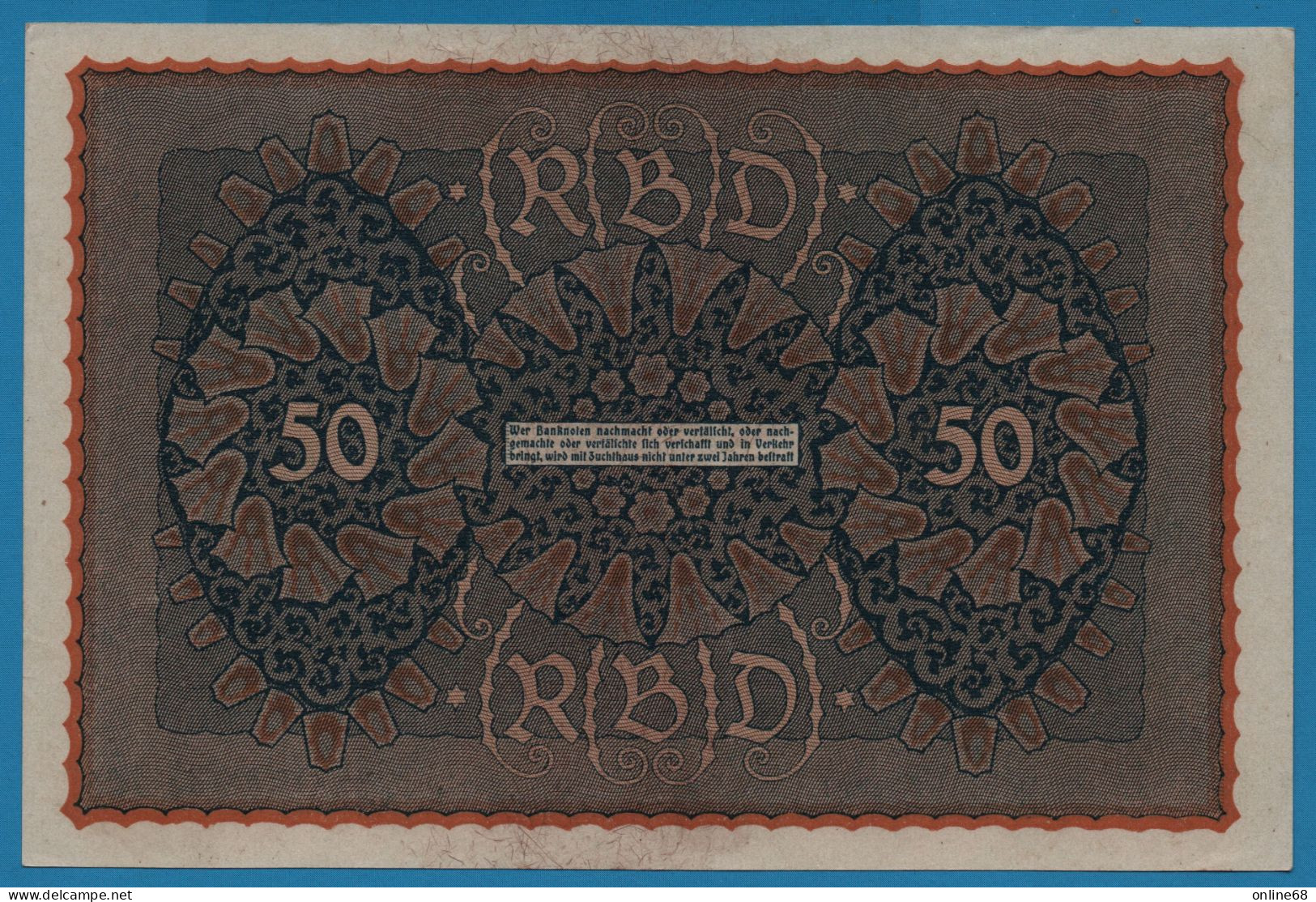 DEUTSCHES REICH 50 MARK 24.06.1919 REIHE 1 Alpha MR A #951840 P# 66 - 50 Mark