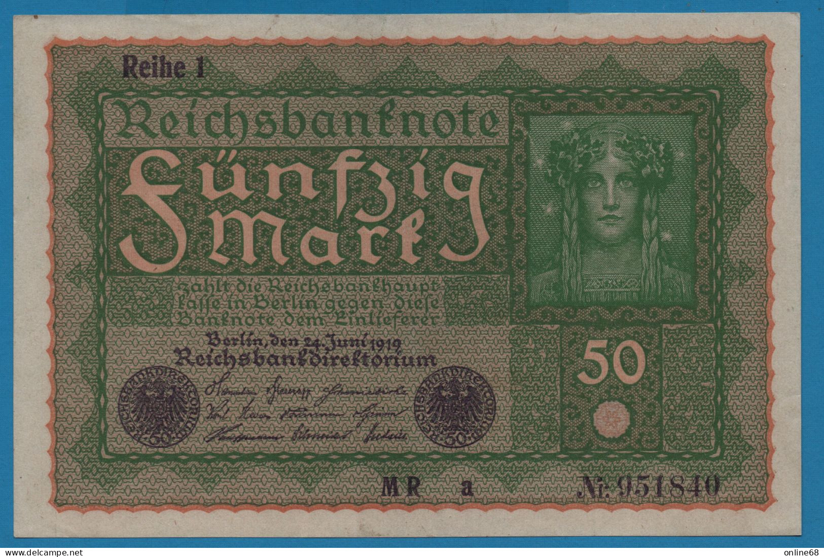 DEUTSCHES REICH 50 MARK 24.06.1919 REIHE 1 Alpha MR A #951840 P# 66 - 50 Mark