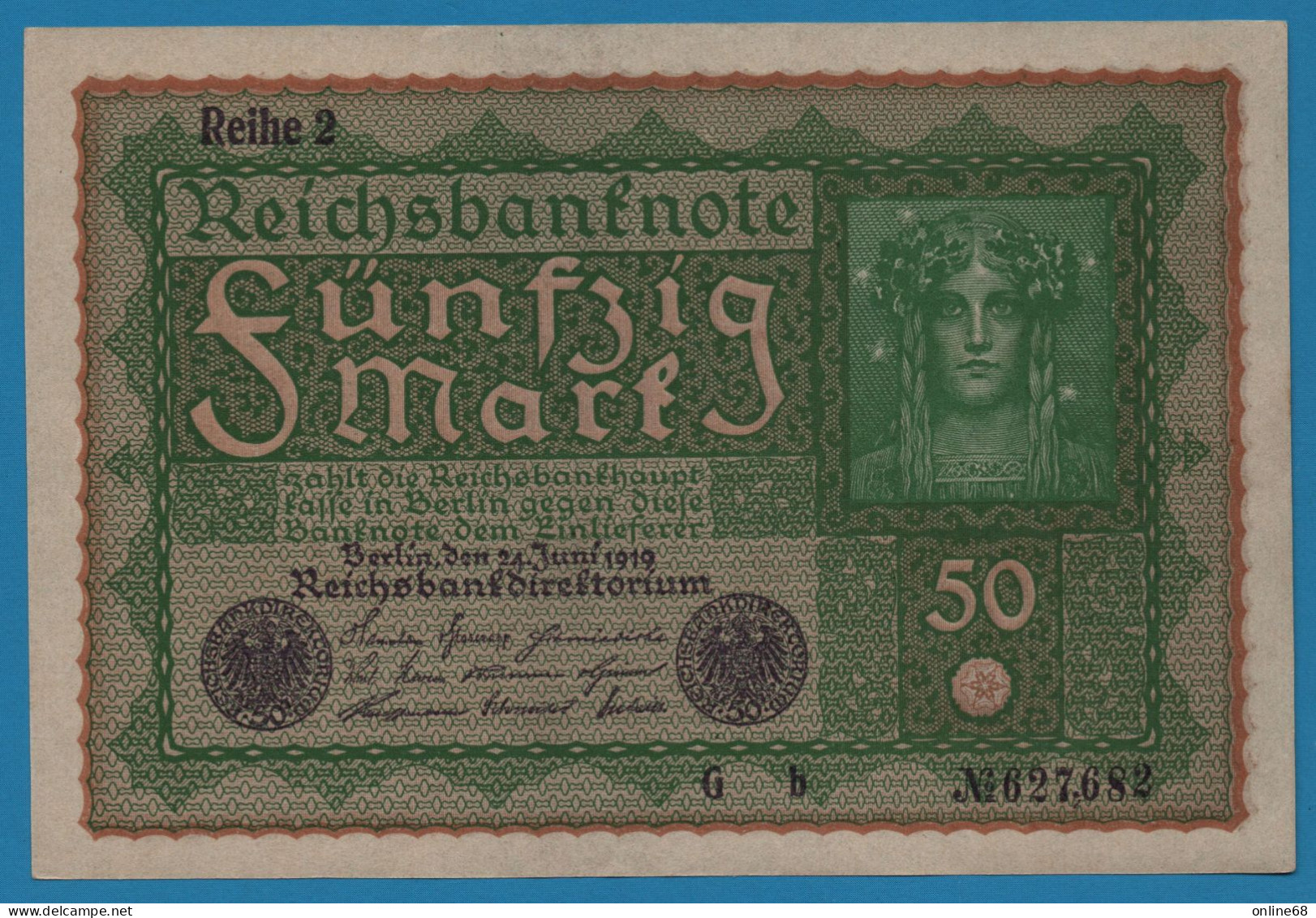 DEUTSCHES REICH 50 MARK 24.06.1919 REIHE 2 Alpha Gb #627682 P# 66 - 50 Mark