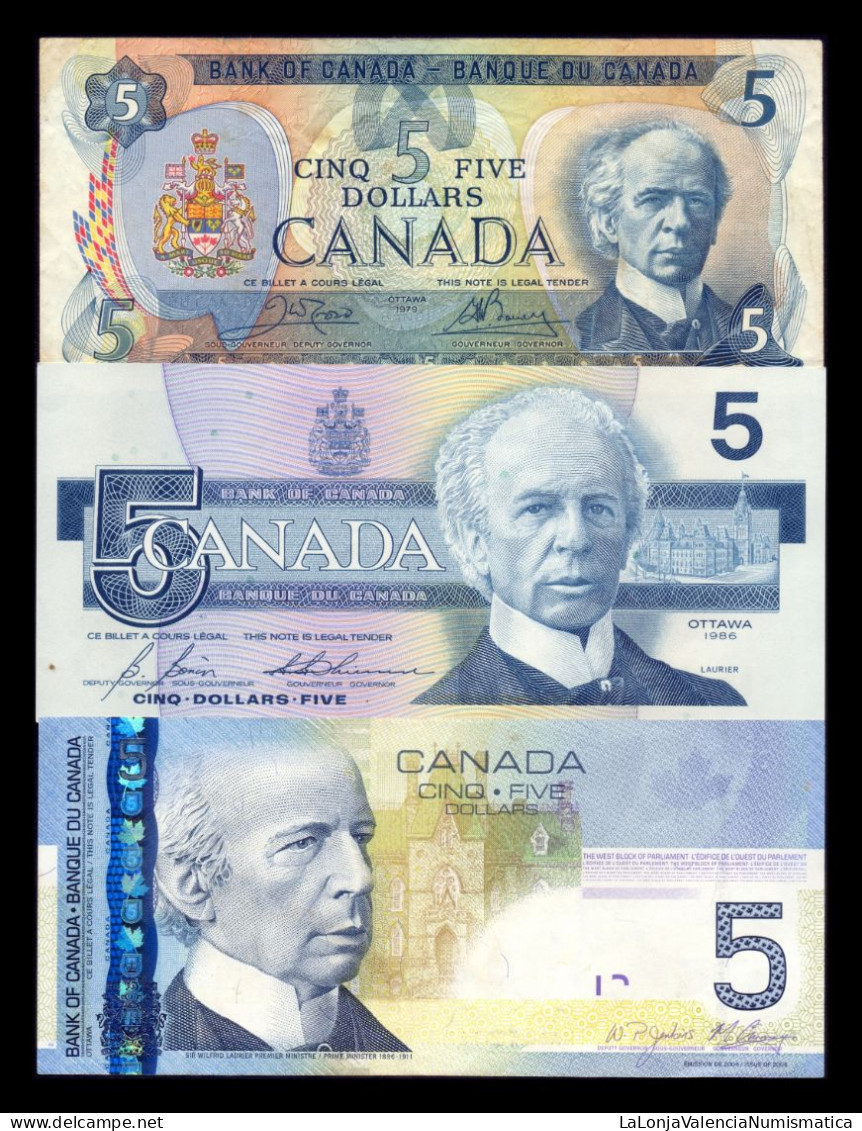 Canadá Set 3 Banknotes 5 Dollars Wilfrid Laurier 1979 1986 2006 Pick 92b 95c 101Ad Mbc/Ebc Vf/Xf - Canada