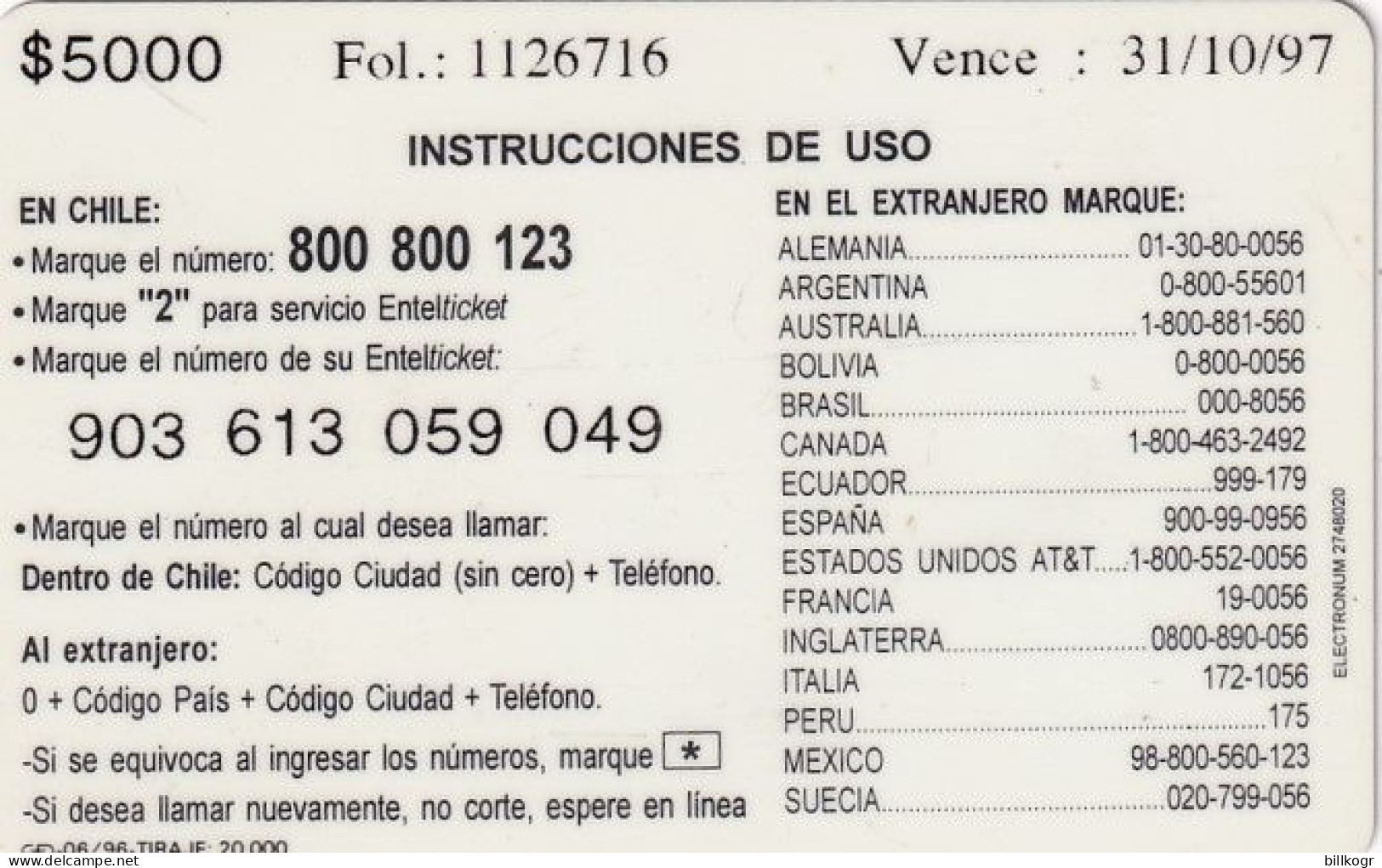 CHILE - Torres Del Paine, ENTEL Prepaid Card, First Issue $5000, Tirage 20000, Exp.date 31/10/97, Used - Chile