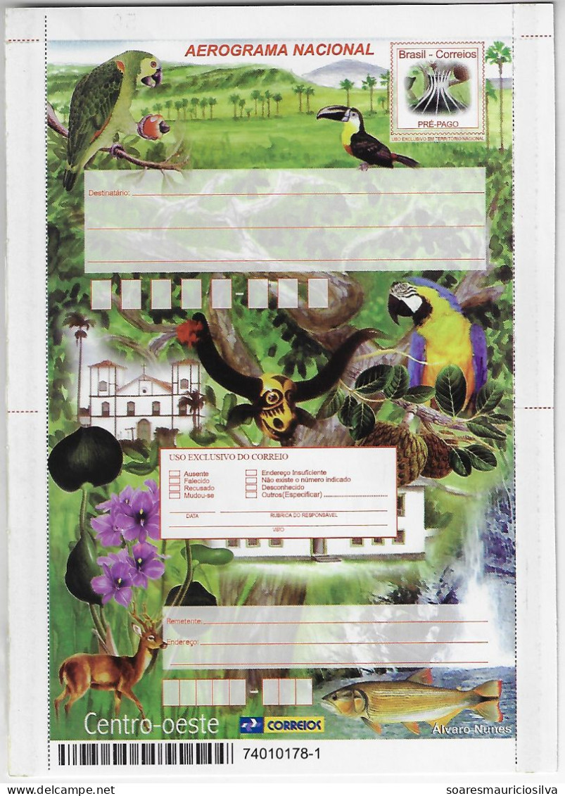 Brazil  2002 Postal Stationery Aerogramme Midwest Region Fish Deer Toucan Parrot Macaw Bird Fauna Animal Fruit Unused - Postwaardestukken
