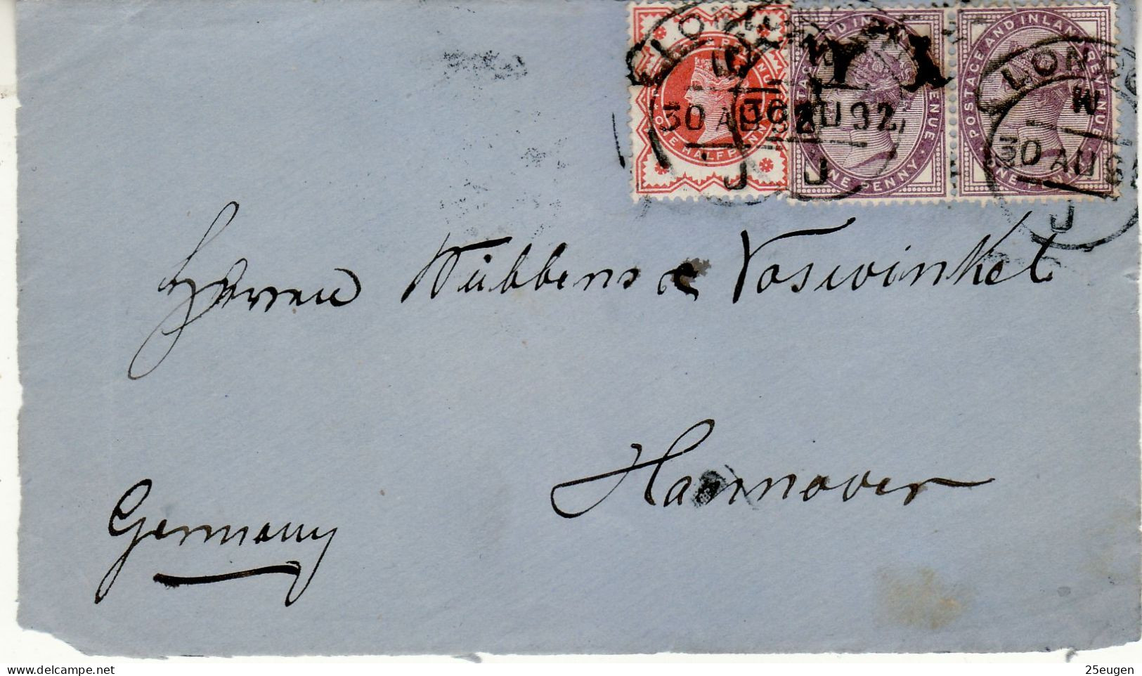 GREAT BRITAIN 1892 LETTER SENT FROM LONDON TO HANNOVER /PART OF COVER/ - Cartas & Documentos
