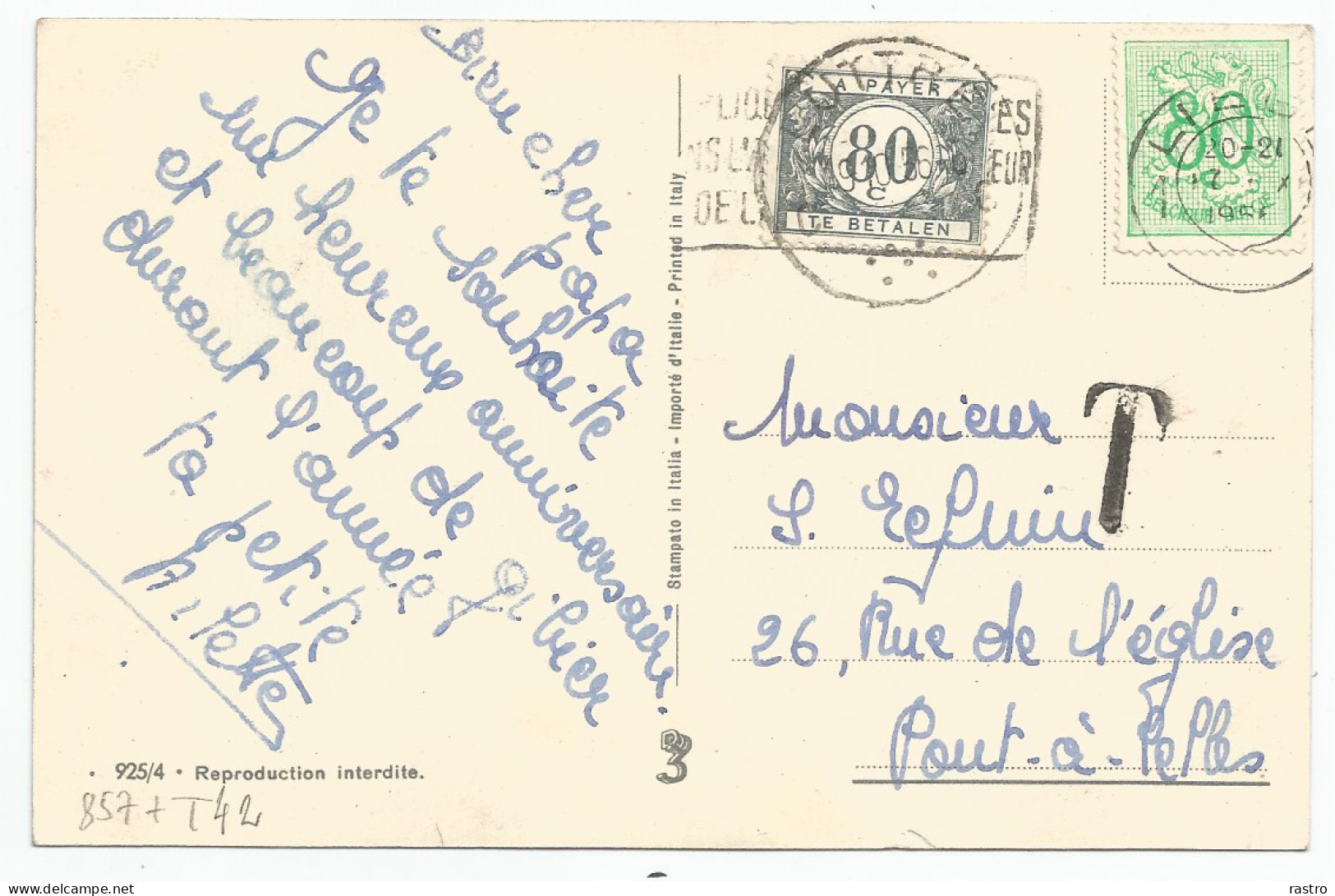 N° 42 (80c Gris) Sur Carte-vue Insuffisamment Affranchie Au N° 857 (80c émeraude) , De Liège Vers Pont-à-Celles (1956) - Cartas & Documentos