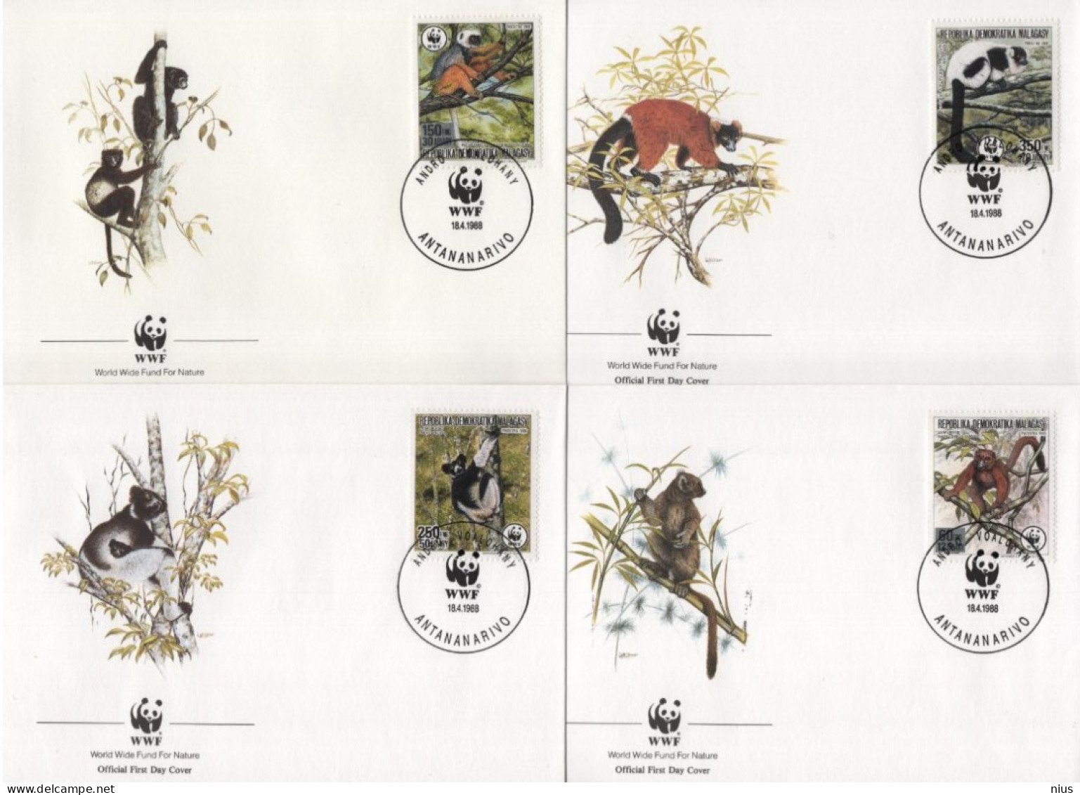 MADAGASKAR MALAGASY 1988 WWF W.W.F. Tiere Monkey Fauna Animals Monkeys FDC Set X4 - FDC