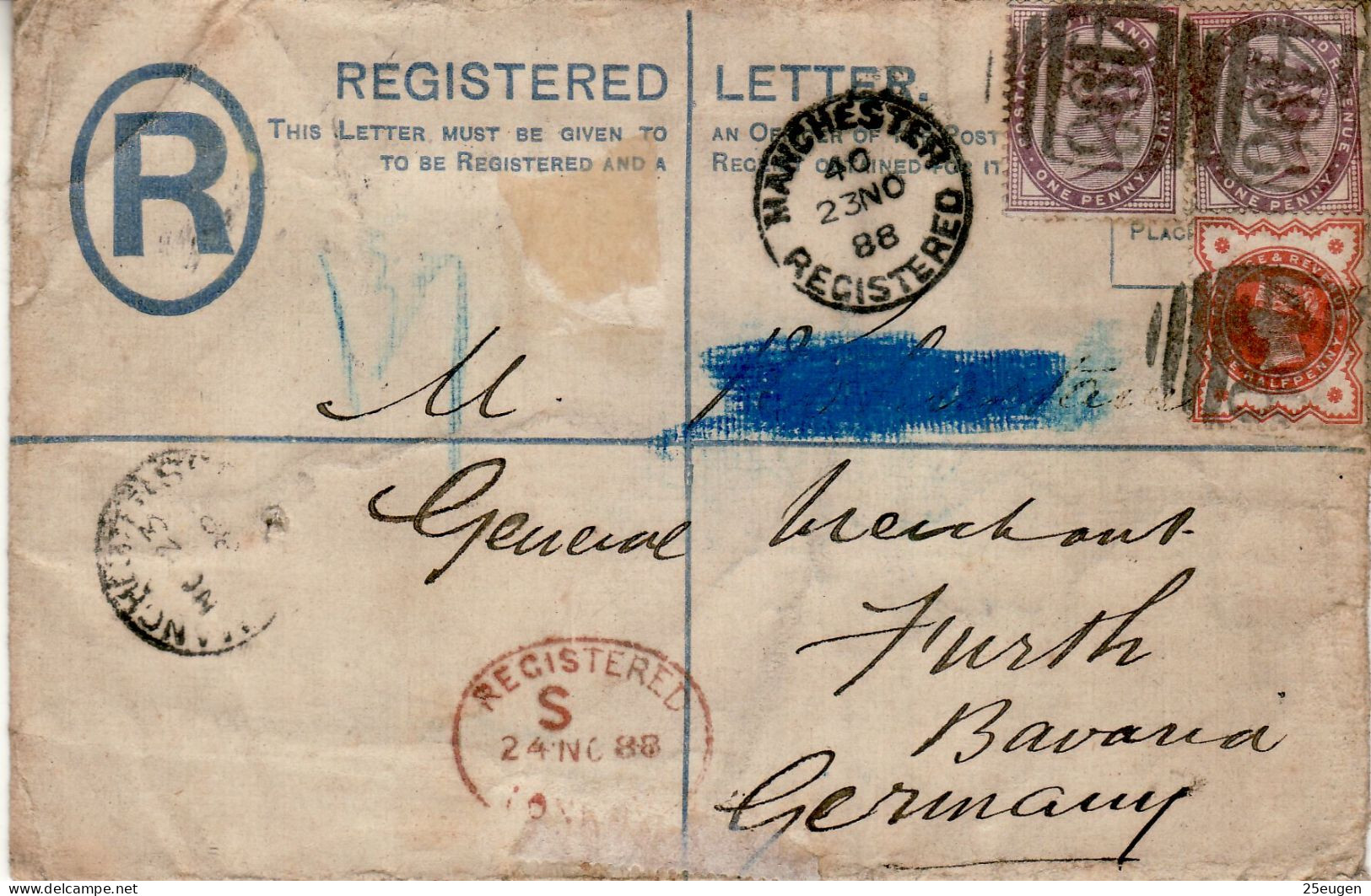 GREAT BRITAIN 1888 R - LETTER SENT FROM MANCHESTER TO FUERTH - Cartas & Documentos