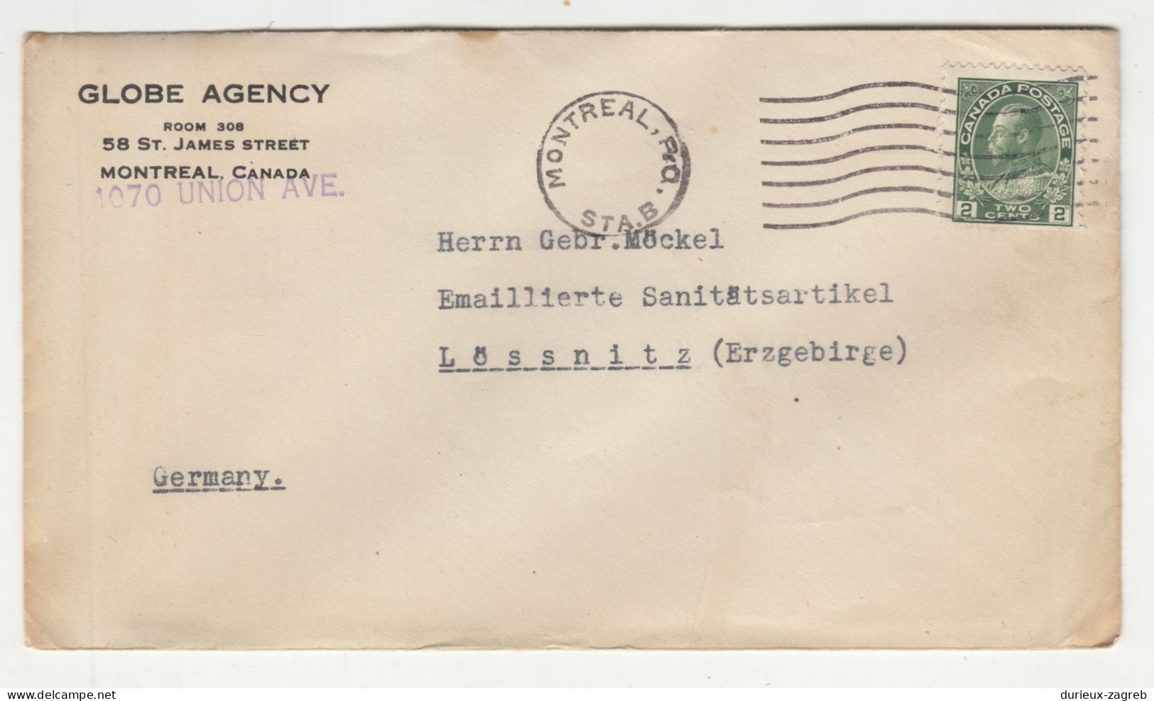 Globe Agency, Montreal Company Letter Cover Posted To Germany B200720* - Brieven En Documenten