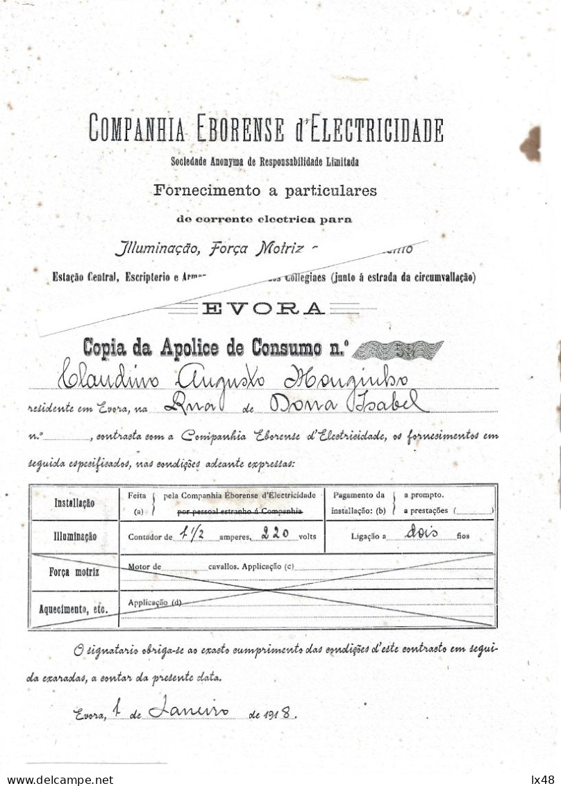 Companhia Eborense De Energia, Évora. Electricity Consumption Contract Nº. 58 Of 1918. Elektriciteitsverbruik Contractnr - Portogallo