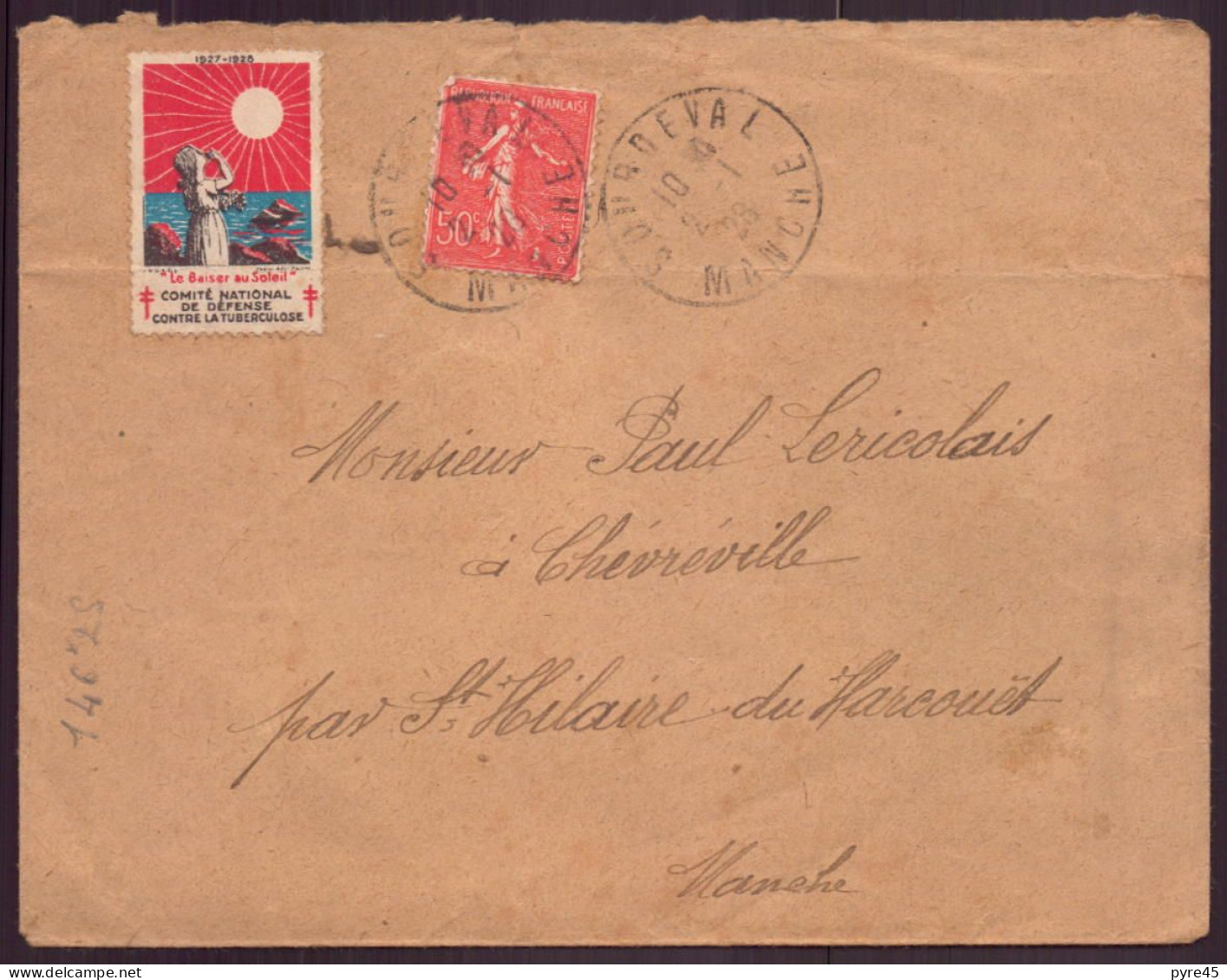 France, Enveloppe Du 2 Janvier 1928 Pour Saint-Hilaire Du Harcouët Avec Vignette Contre La Tuberculose - Autres & Non Classés