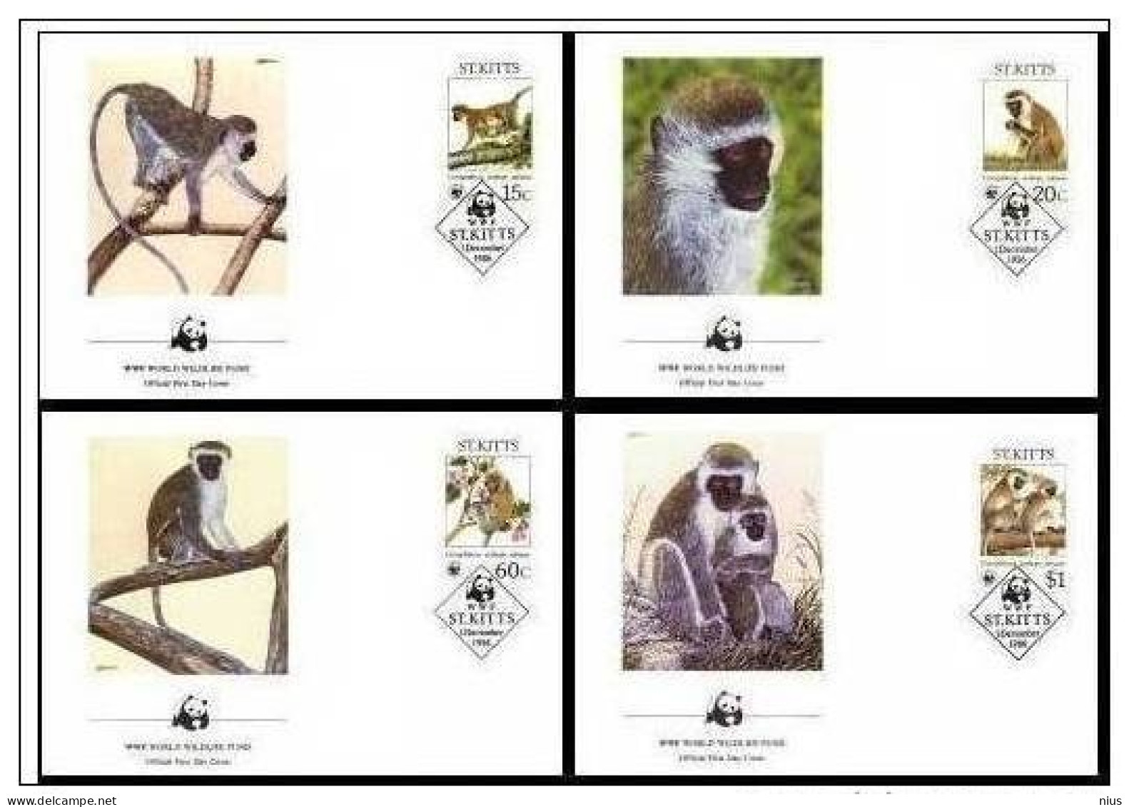 St. Kitts 1986 WWF W.W.F. Green Monkey Monkeys FDC Set Fauna - FDC