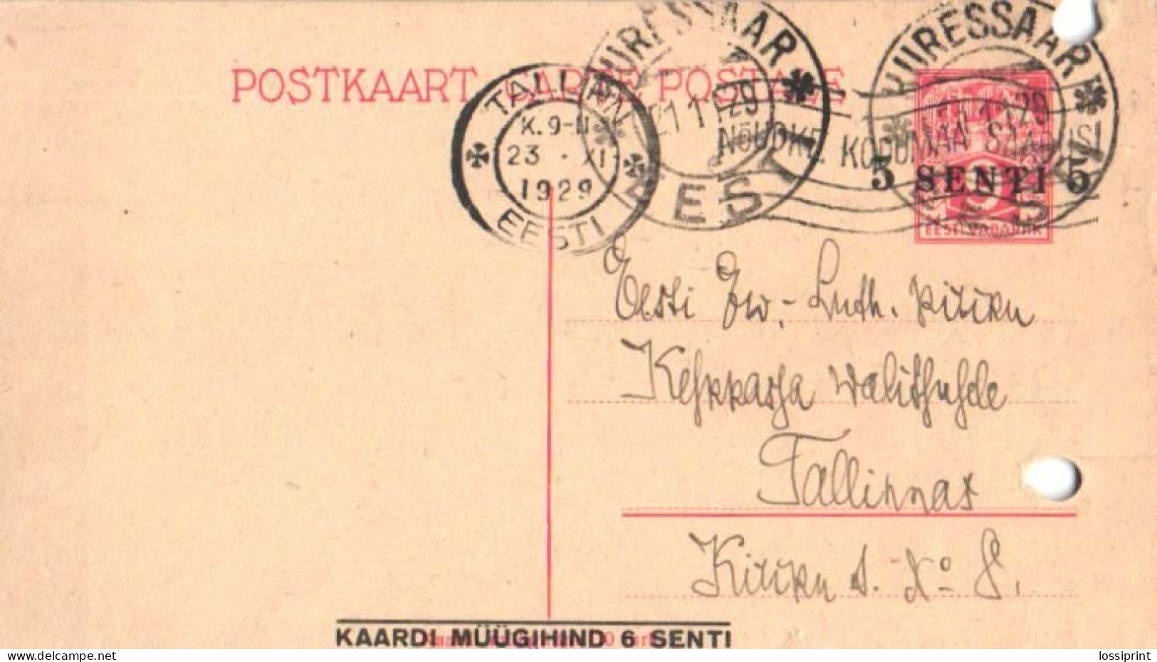Estonia:9 Mark Postal Stationery With 5 Cents Overprint, 1929 - Estland