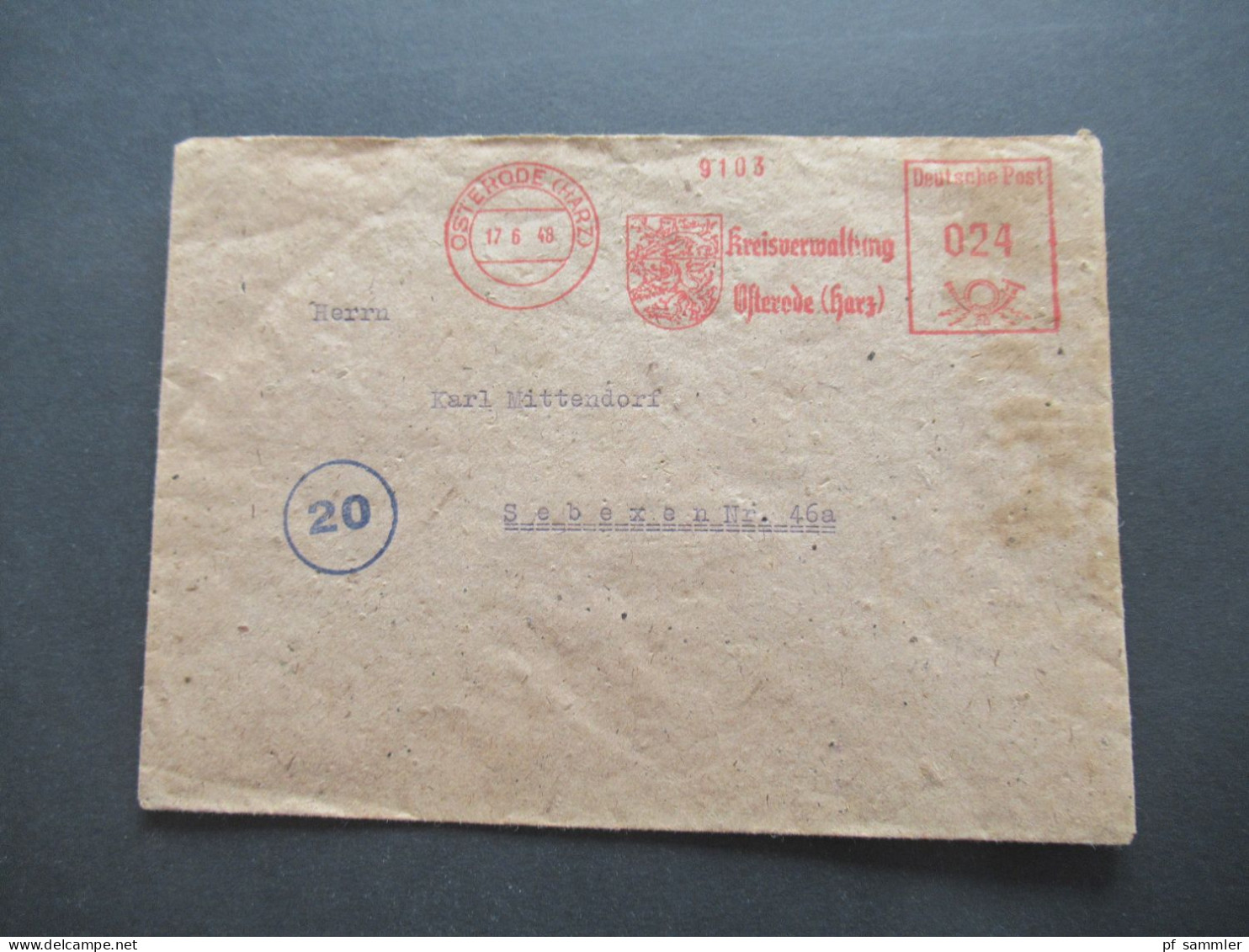 Alliierte Besetzung 17.6.1948 Bizone AFS Absenderfreistempel Kreisverwaltung Osterode (Harz) Nach Sebexen - Storia Postale