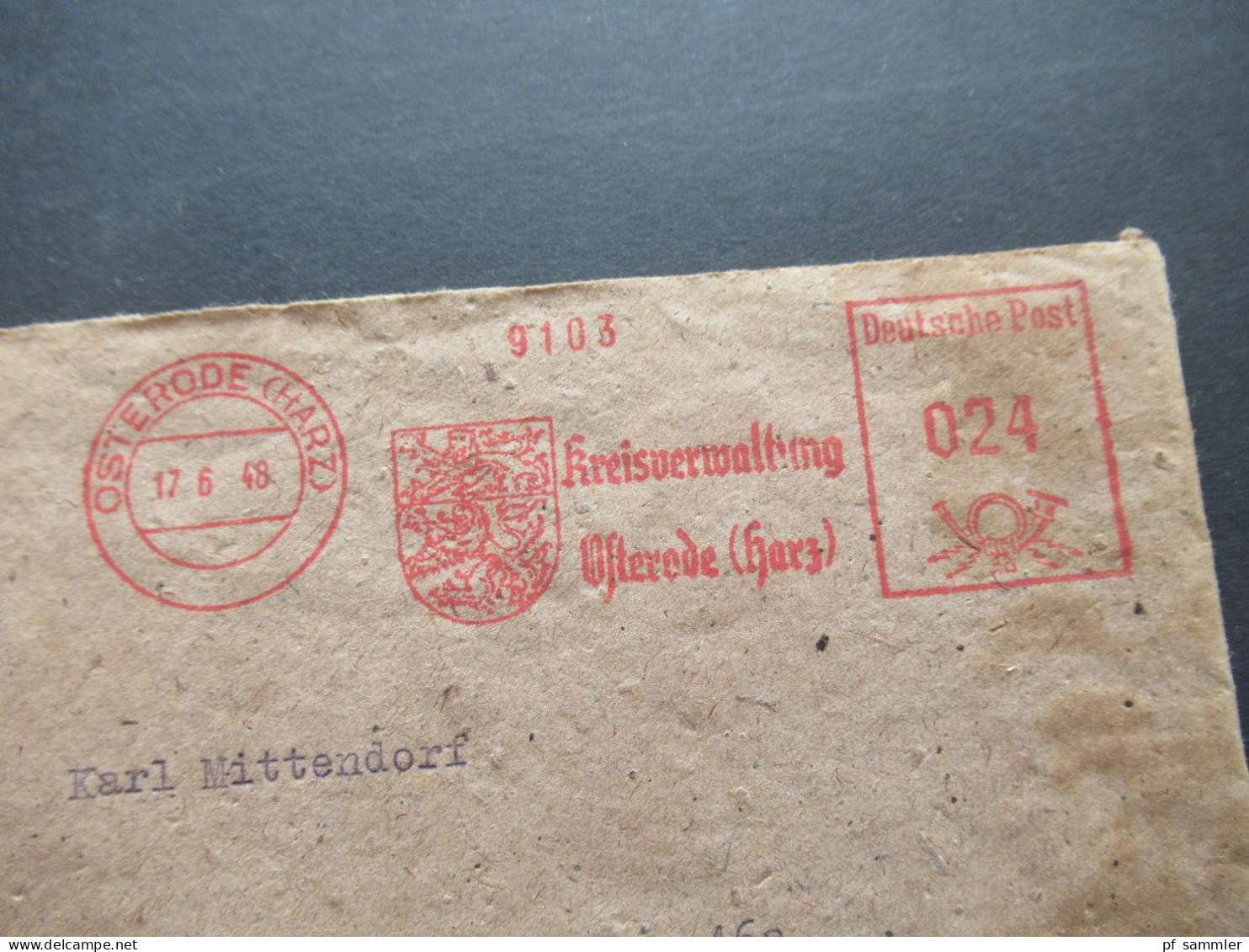 Alliierte Besetzung 17.6.1948 Bizone AFS Absenderfreistempel Kreisverwaltung Osterode (Harz) Nach Sebexen - Covers & Documents