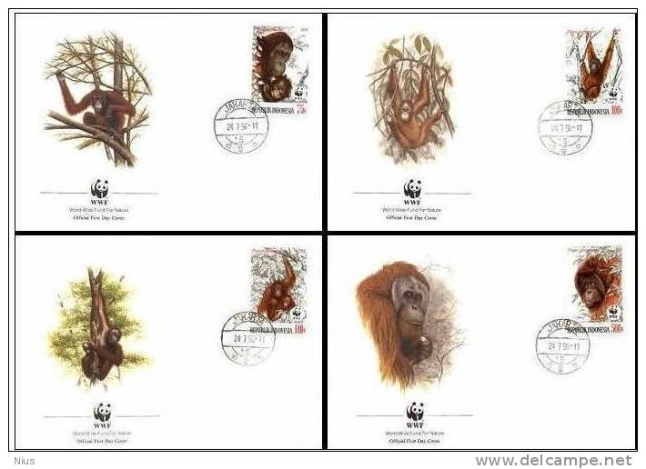 Indonesia 1989 WWF W.W.F. Set X4 FDC Monkey Orangutan Monkeys Fauna - FDC