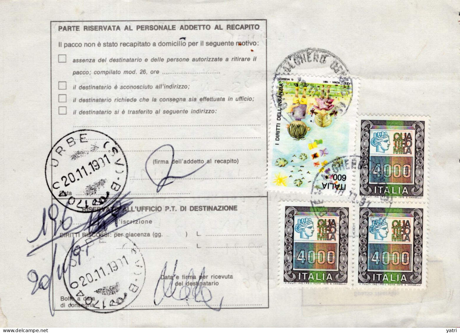 Italia (1991) - Bollettino Pacchi Da Alghero Per Urbe Marina (SV) - (alimentari E Indumenti) - Colis-postaux