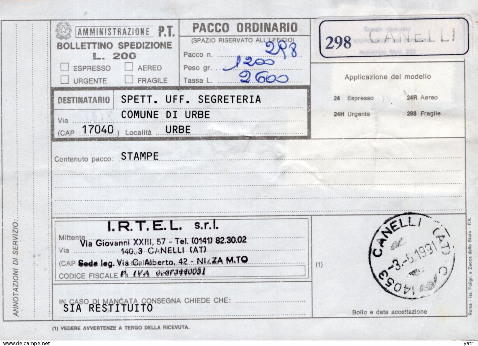 Italia (1991) - Bollettino Pacchi Da Nizza Monferrato Per Urbe (SV) - (stampe) - Colis-postaux