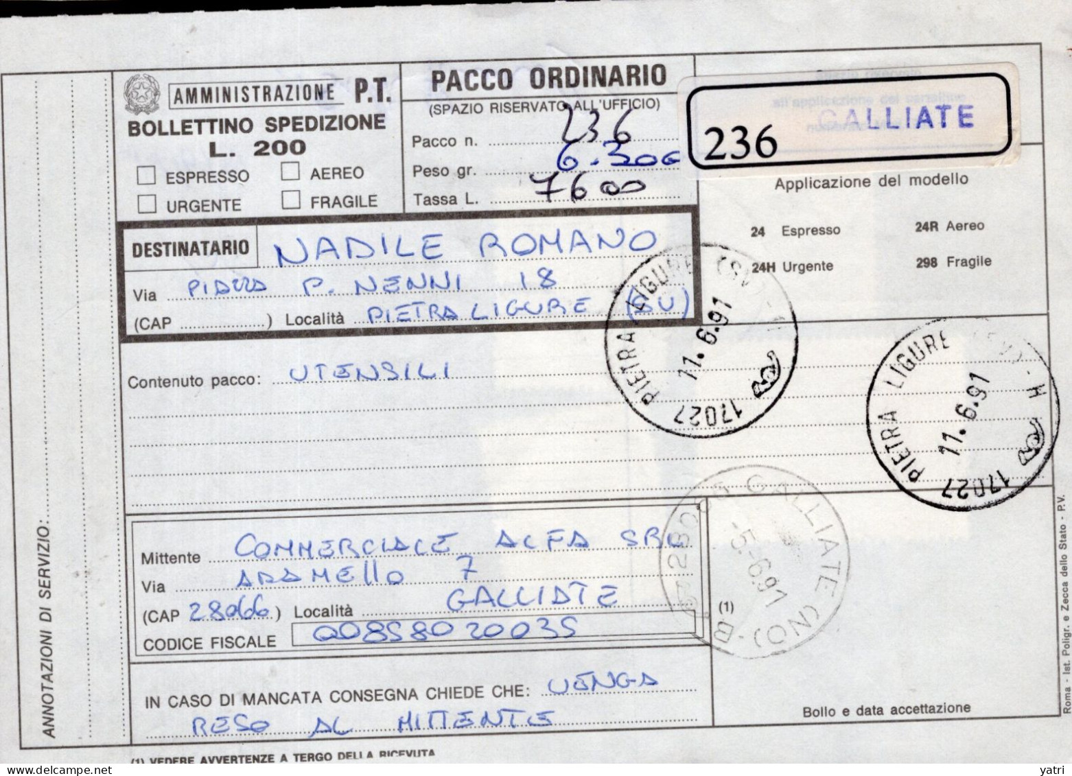 Italia (1991) - Bollettino Pacchi Da Galliate Per Pietra Ligure - (utensili) - Postal Parcels