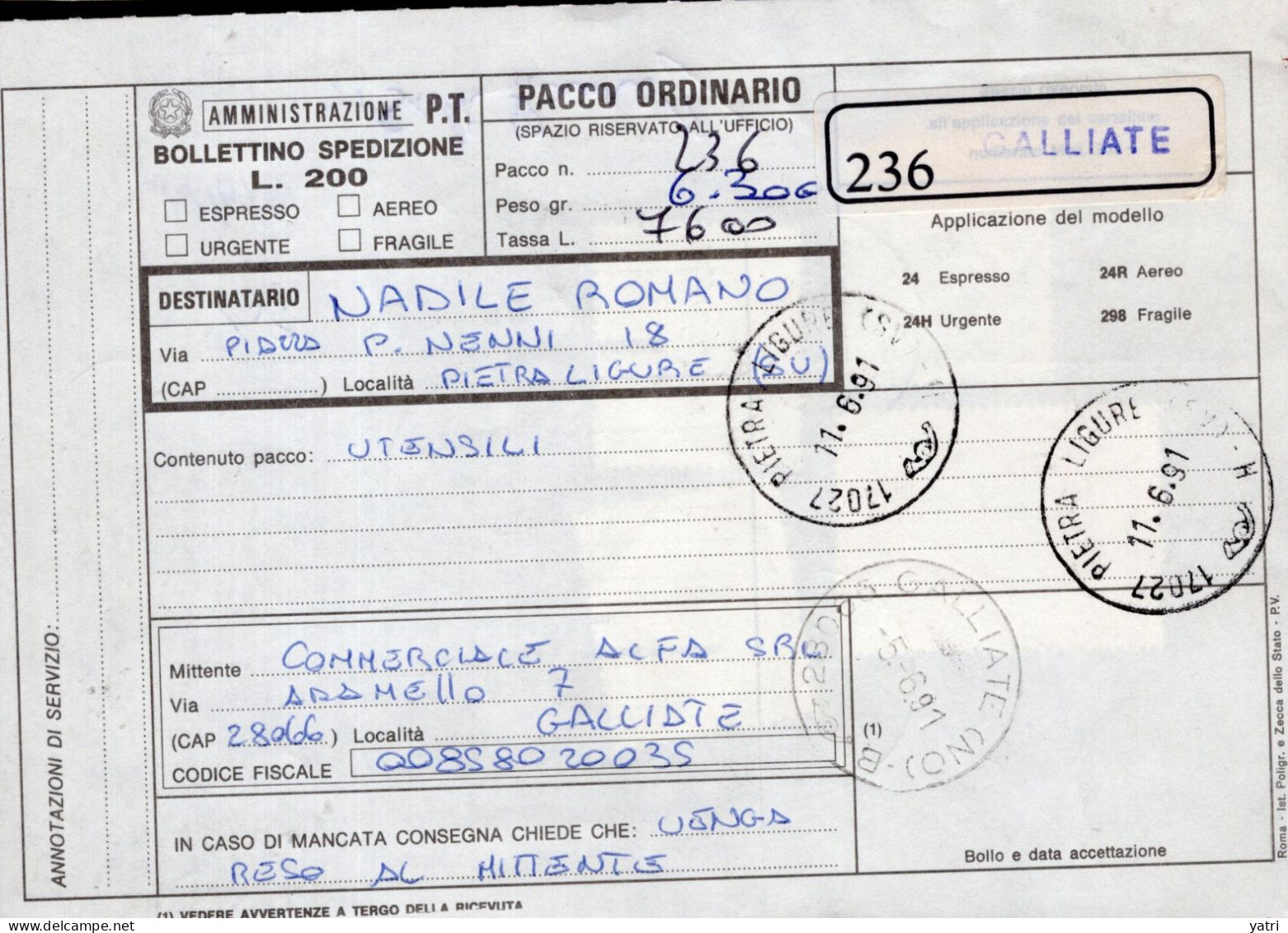 Italia (1991) - Bollettino Pacchi Da Galliate Per Pietra Ligure - (utensili) - Pacchi Postali