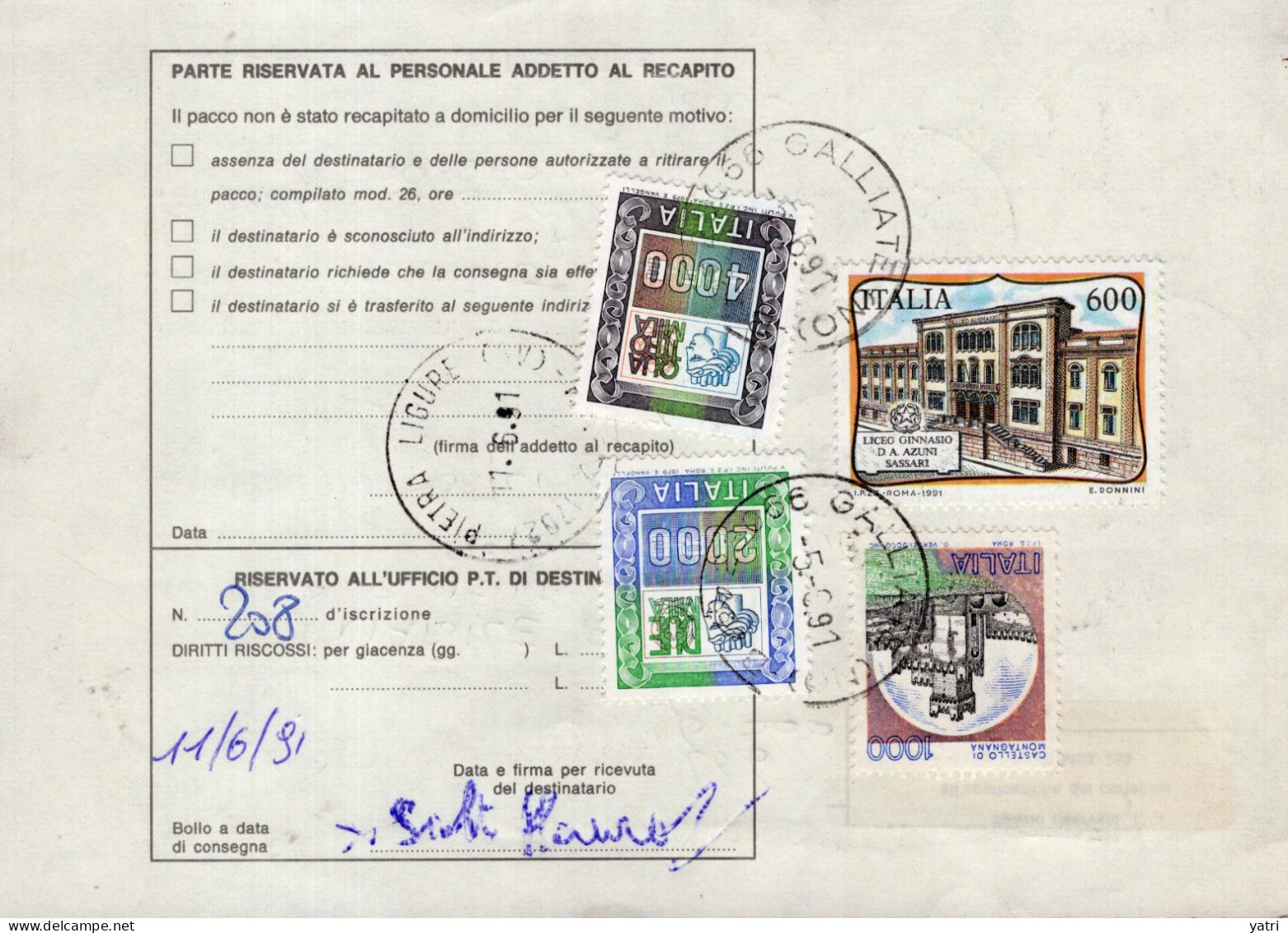 Italia (1991) - Bollettino Pacchi Da Galliate Per Pietra Ligure - (utensili) - Postal Parcels