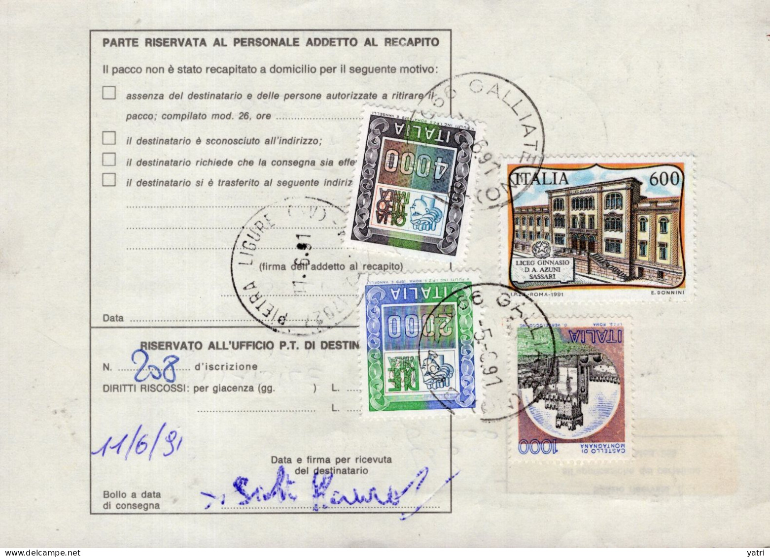 Italia (1991) - Bollettino Pacchi Da Galliate Per Pietra Ligure - (utensili) - Colis-postaux