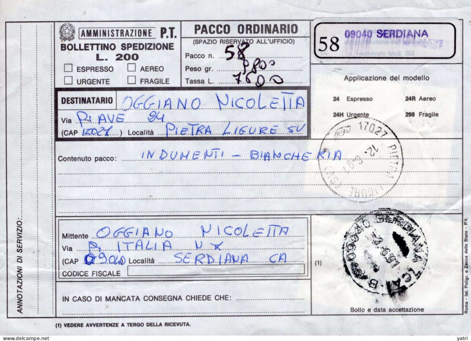 Italia (1991) - Bollettino Pacchi Da Serdiana (CA) Per Pietra Ligure - (indumenti E Biancheria) - Colis-postaux