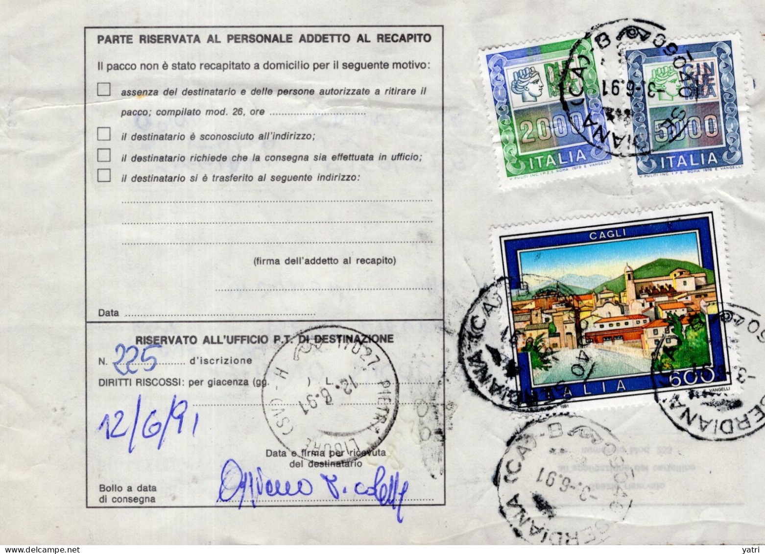 Italia (1991) - Bollettino Pacchi Da Serdiana (CA) Per Pietra Ligure - (indumenti E Biancheria) - Postpaketten