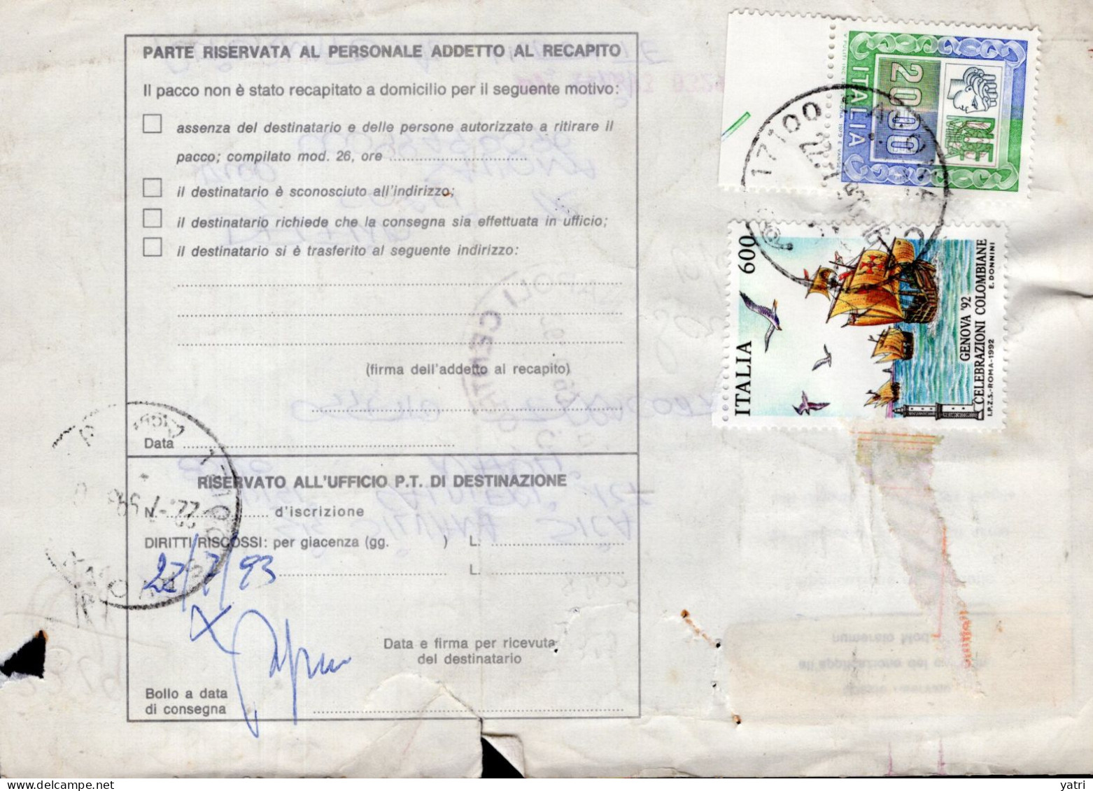 Italia (1991) - Bollettino Pacchi Urgente Da Savona Per Napoli - (oggetto Terracotta) - Destinatario Sconosciuto - Postal Parcels