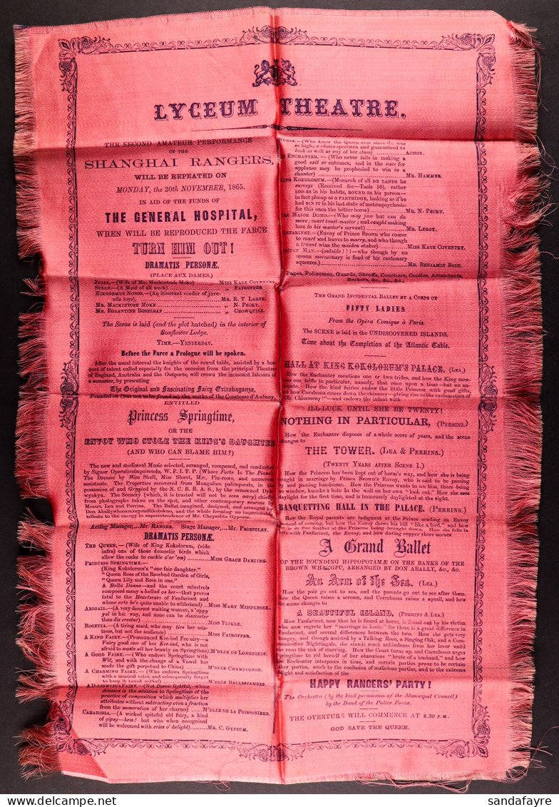 1865 LYCEUM THEATRE 'Shanghai Rangers' Silk Programme, Folded, Very Scarce. - Other & Unclassified