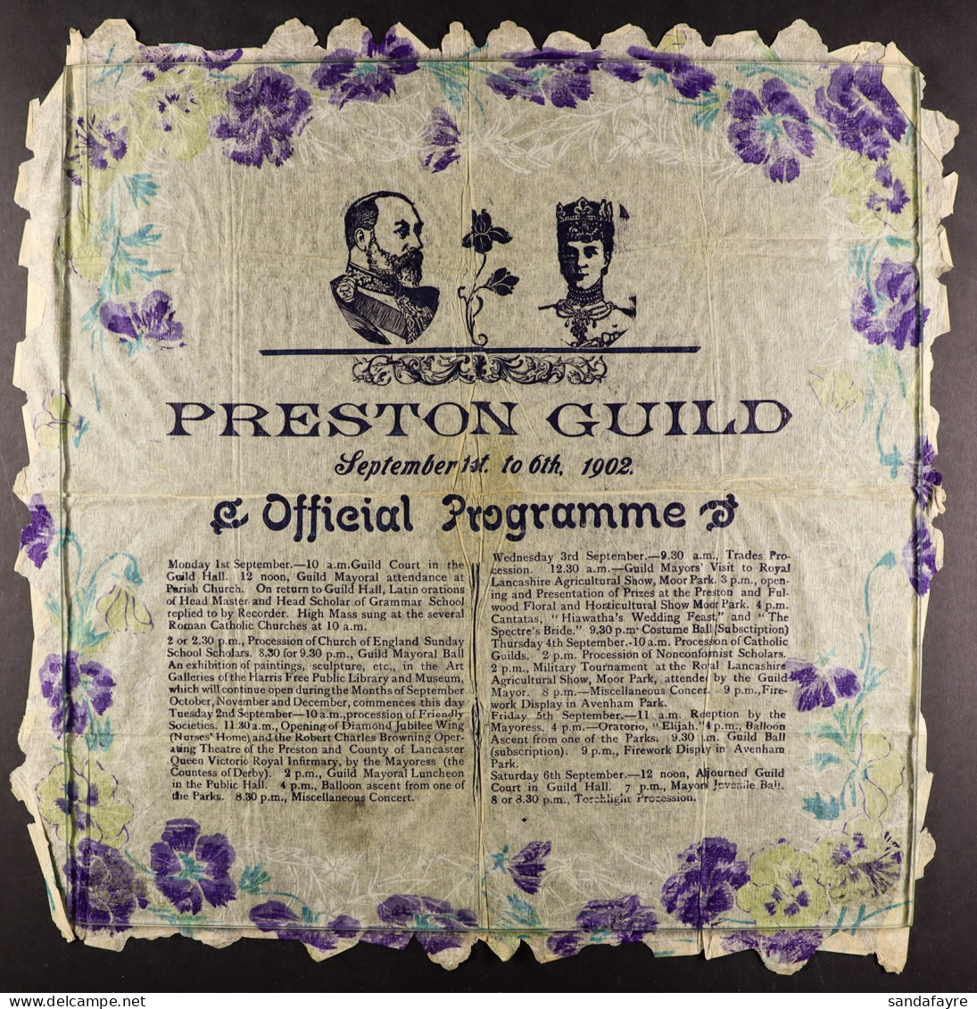 1902 PRESTON GUILD OFFICIAL PROGRAMME NAPKIN Relating To The Programme Of Events For Sept 1st - 6th 1902. Item Has Been  - Autres & Non Classés