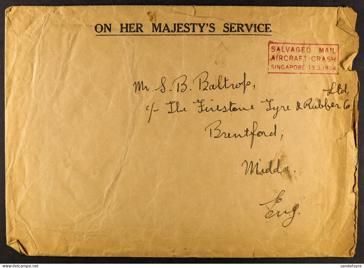 BOAC CRASH COVER 1954 OHMS Cover From Australia To England With 'SALVAGED MAIL / AIRCRAFT CRASH / SINGAPORE 13. 3. 1954' - Sonstige & Ohne Zuordnung