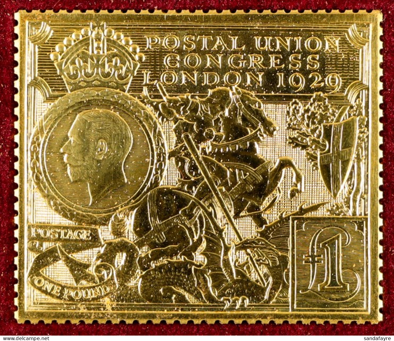 GOLD INGOT 1974 Replica Of The 1929 Â£1 UPU 'stamp' In 22 Carat Gold (weight 40g), Hallmarked And Numbered On Back, In A - Sonstige & Ohne Zuordnung