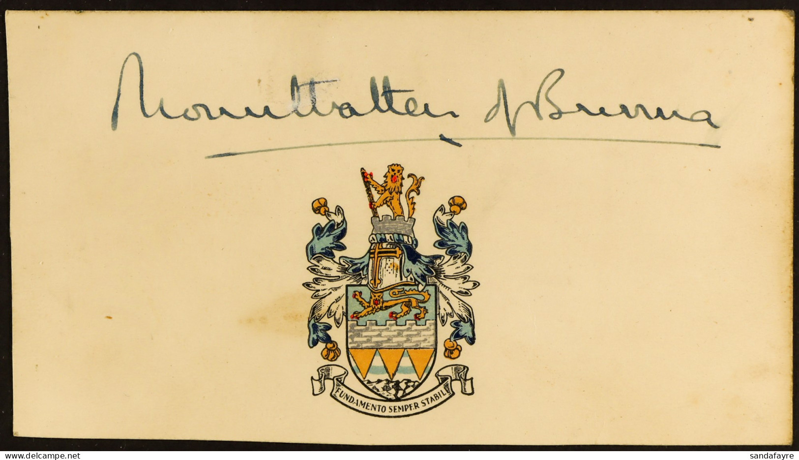 LOUIS MOUNTBATTEN, EARL OF BURMA Small Card With Coloured Coat Of Arms, Signed MOUNTBATTEN OF BURMA In Pen. - Sonstige & Ohne Zuordnung