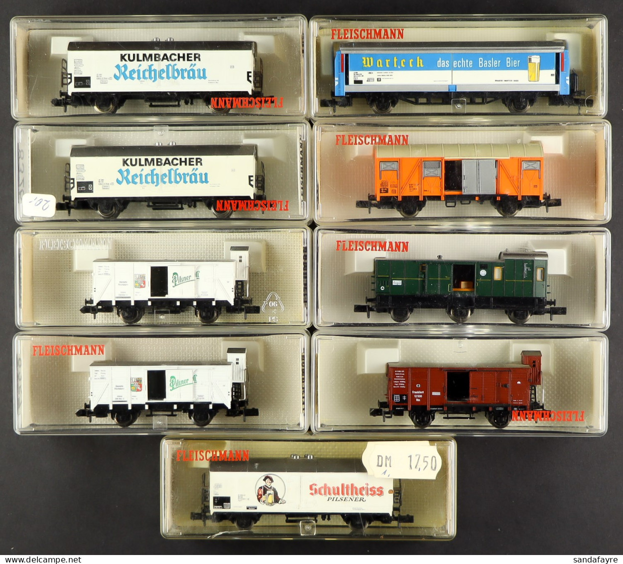 N GAUGE FLEISCHMANN ROLLING STOCK. 8326 Kulmbacher X2, 8357 Pilsner X2, 8095 Luggage Trolley, 8360 Goods Wagon, 8373 War - Autres & Non Classés