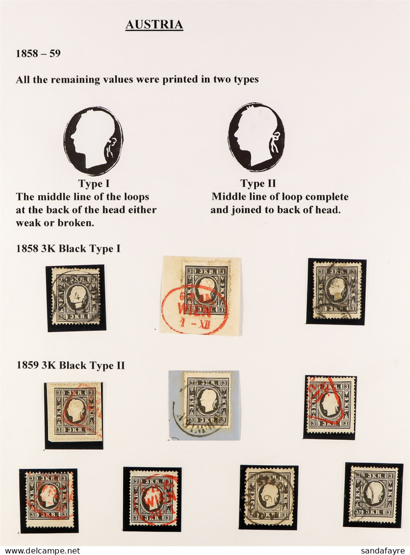 1858-59 3Kr Black (Michel 11, SG 23) Exhibition Pages With Three Used Examples Of Type I & Seven Of Type II (10 Stamps) - Other & Unclassified