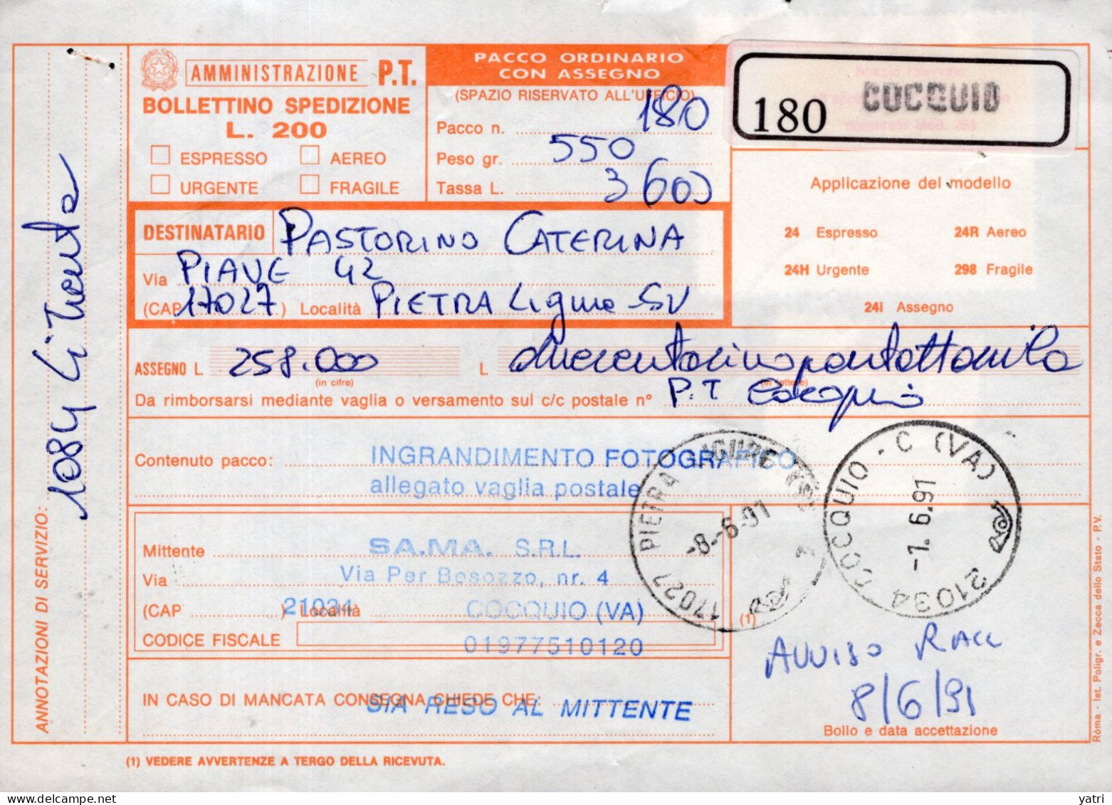 Italia (1991) - Bollettino Pacchi Contrassegno Da Cocquiio (VA) Per Pietra Ligure - (ingrandimento Fotografico) - Colis-postaux