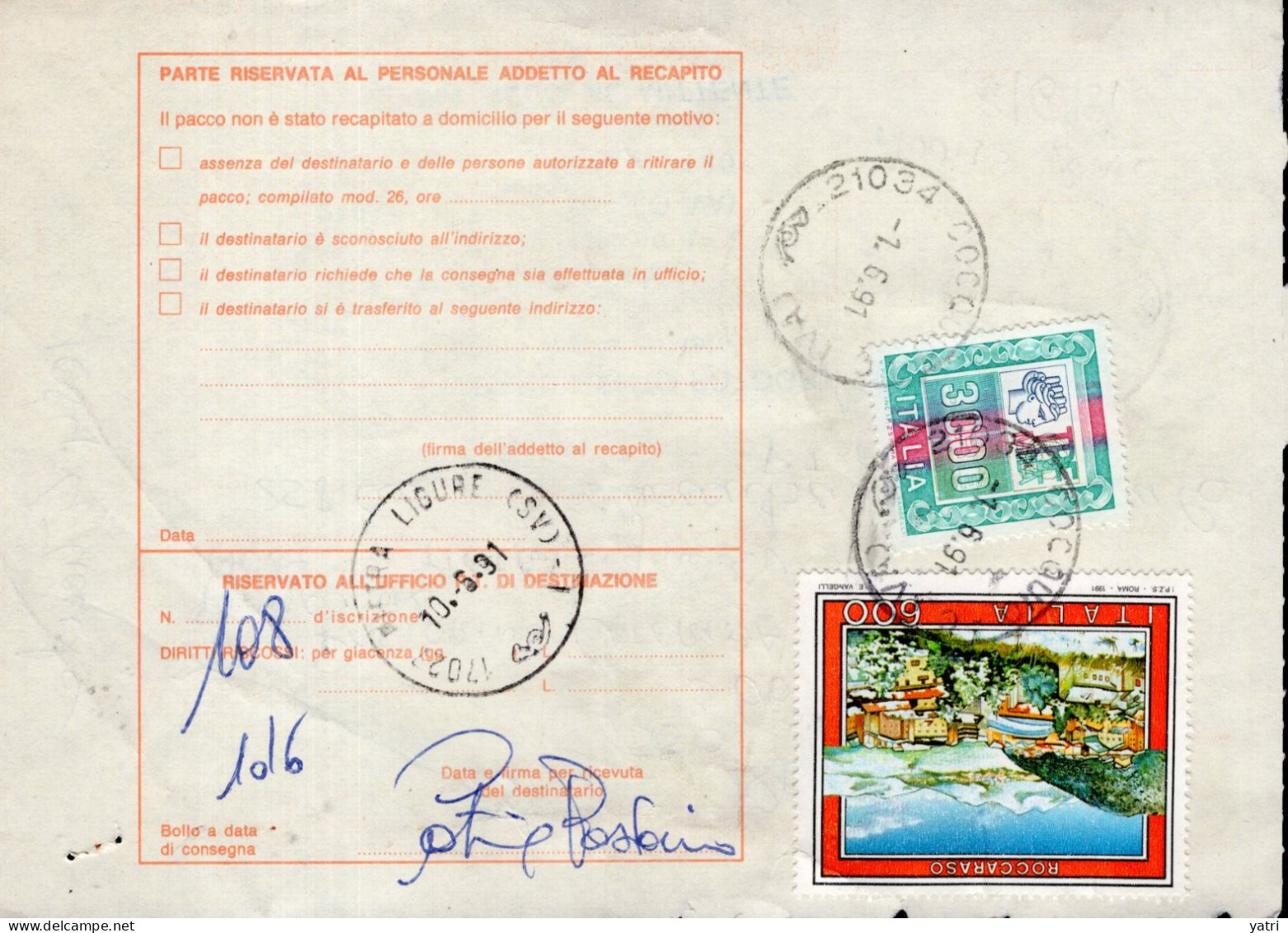 Italia (1991) - Bollettino Pacchi Contrassegno Da Cocquiio (VA) Per Pietra Ligure - (ingrandimento Fotografico) - Paketmarken