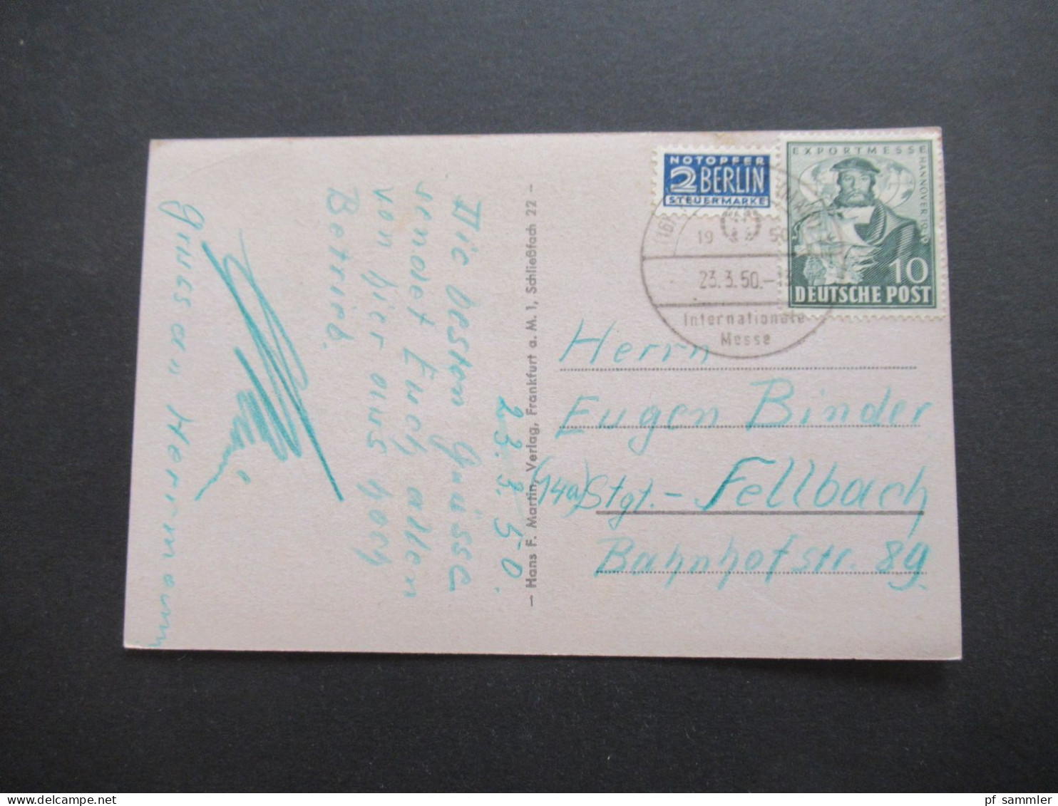 Bizone Exportmesse Hannover Nr.103 EF Mit Sonderstempel Frankfurt (Main) Internationale Messe 1950 - Briefe U. Dokumente