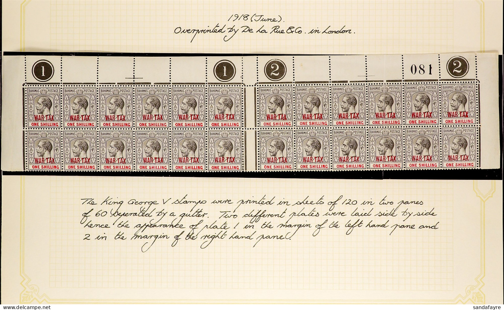 1918 1s Grey-black & Carmine 'WAR TAX' Overprint, SG 99, INTERPANE BLOCK OF 24 Of The Upper Two Rows Across Both Panes S - Other & Unclassified