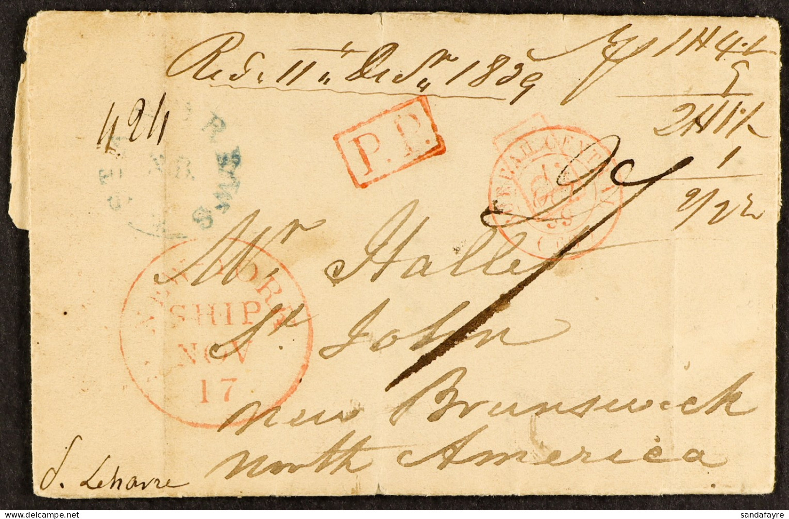 1839 (14th October) Entire Letter From Paris, France, To St, John, New Brunswick, Sent By Private Ship Prepaid â€˜6â€™ ( - Sonstige & Ohne Zuordnung