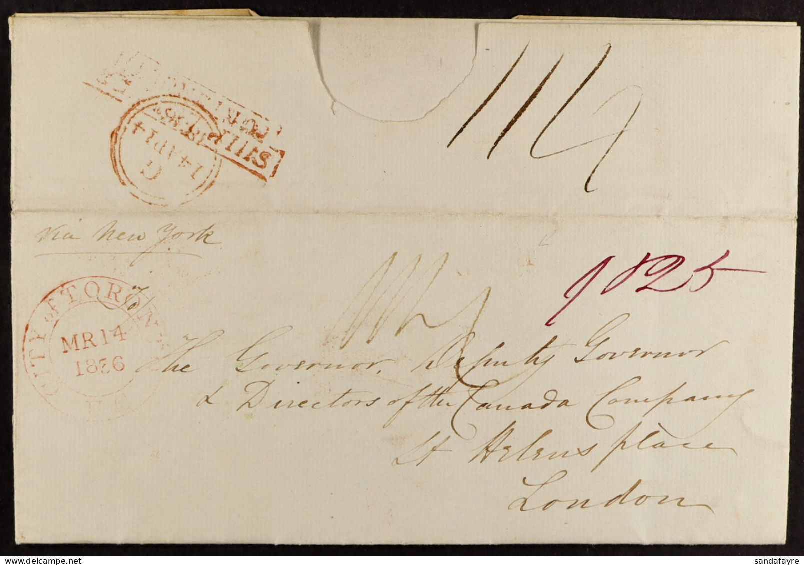 1836 (14th March) Entire Letter To The Canada Company In London, From Toronto, Upper Canada, 2-ring Cds In Red, Paid M/s - Other & Unclassified