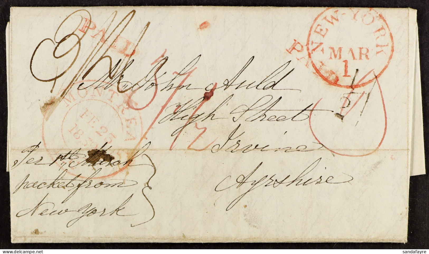 1838 (25th Feb) Entire Letter From Montreal, Lower Canada, With 2-ring Cds, And Red â€˜PAIDâ€™ H/s, M/s â€˜9â€™ To The B - Andere & Zonder Classificatie