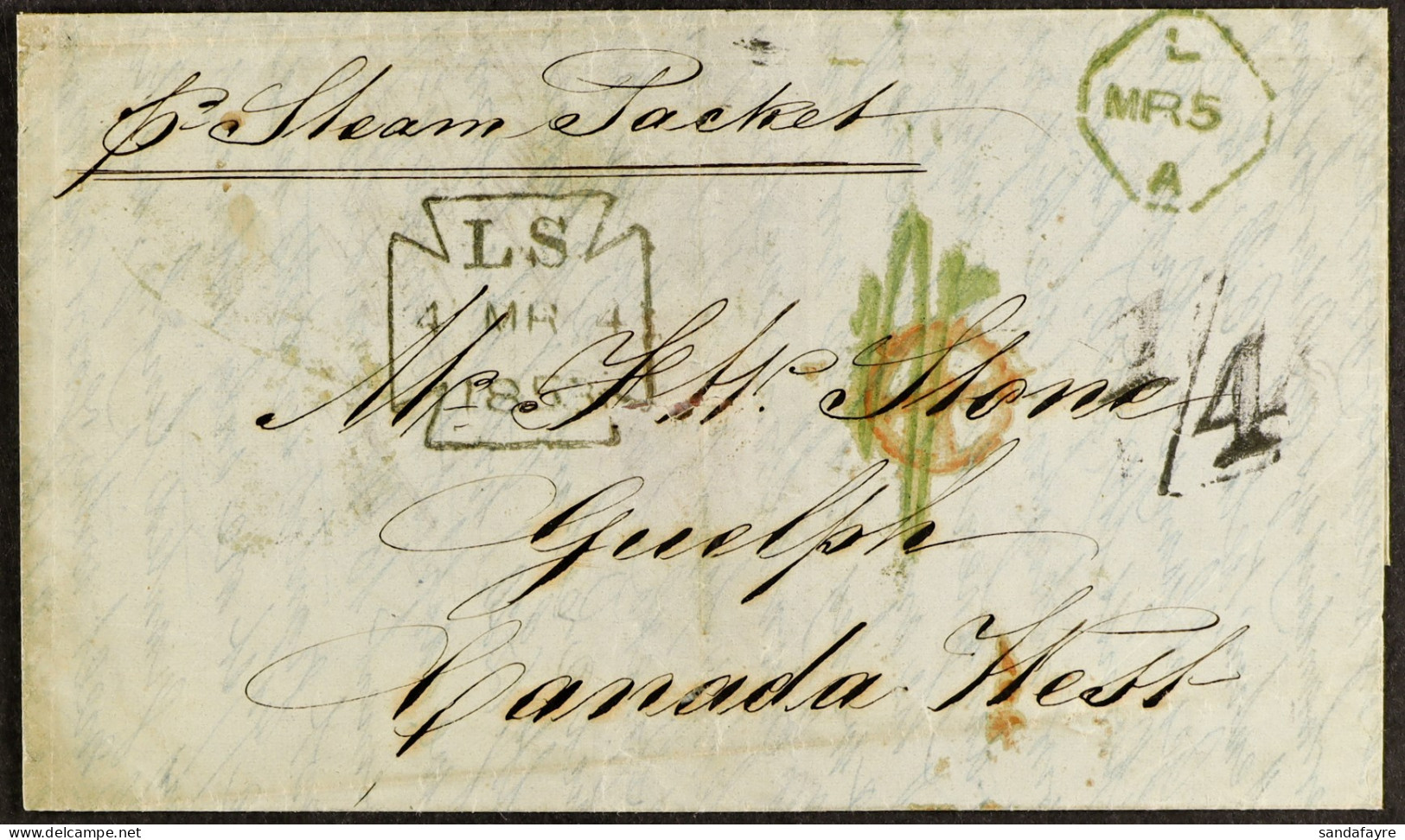 1853 (4th March) Entire Letter From London To Guelph, Canada West, Posted Unpaid And Carried Out Of Liverpool By Cunard  - Sonstige & Ohne Zuordnung