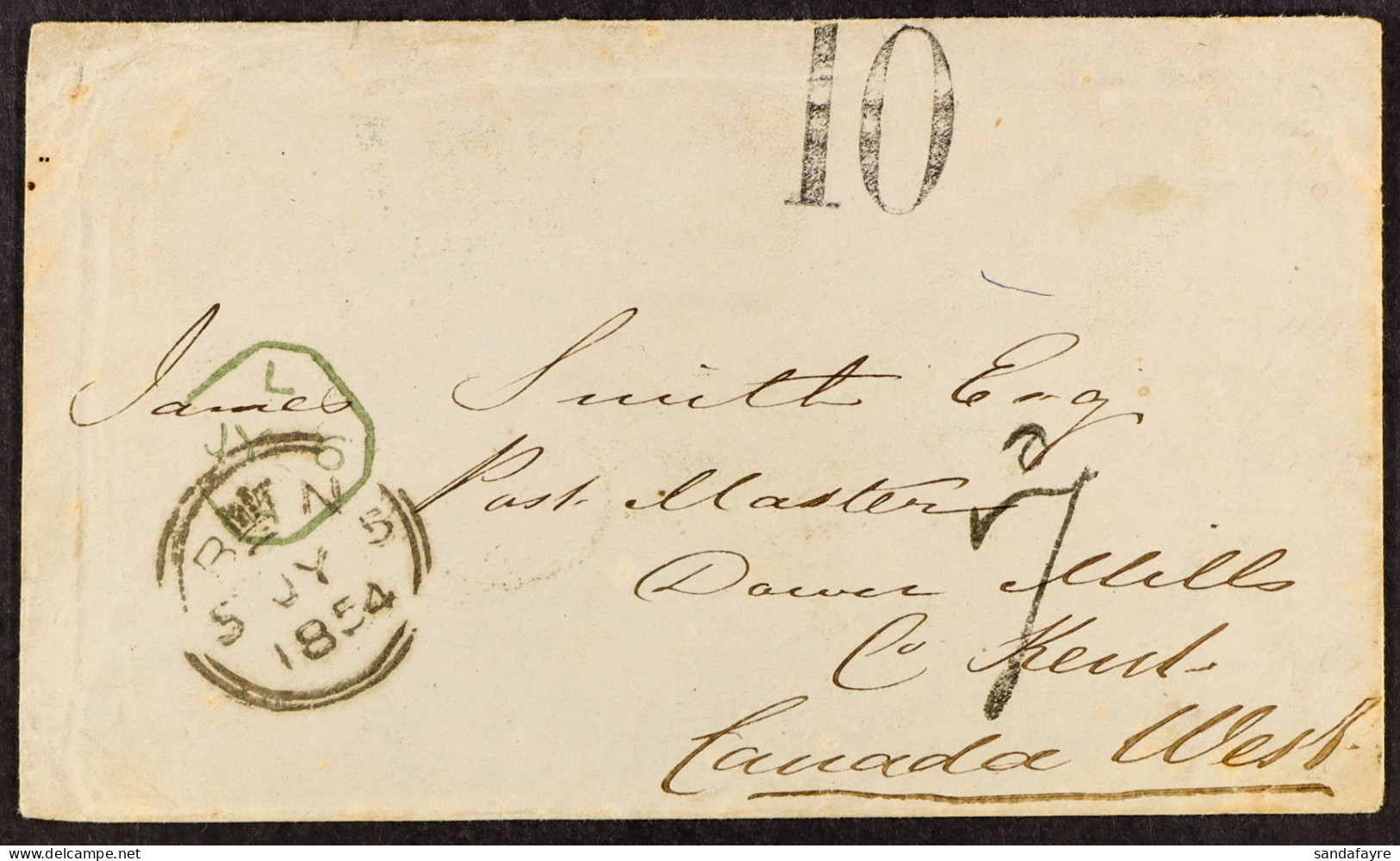 1854 (5th July) Envelope From London To Dawn Mills, Canada West, Posted Unpaid And Carried Out Of Liverpool By Cunard Li - Autres & Non Classés