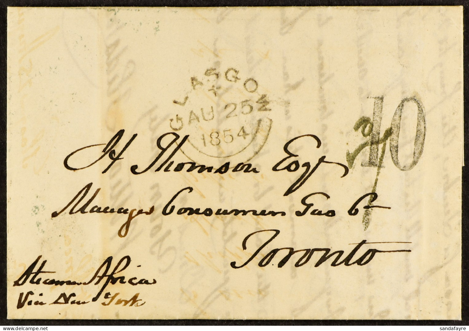 1854 (25th August) Entire Letter From Glasgow To Toronto, Canada West, Posted Unpaid And Carried Out Of Liverpool By Cun - Sonstige & Ohne Zuordnung