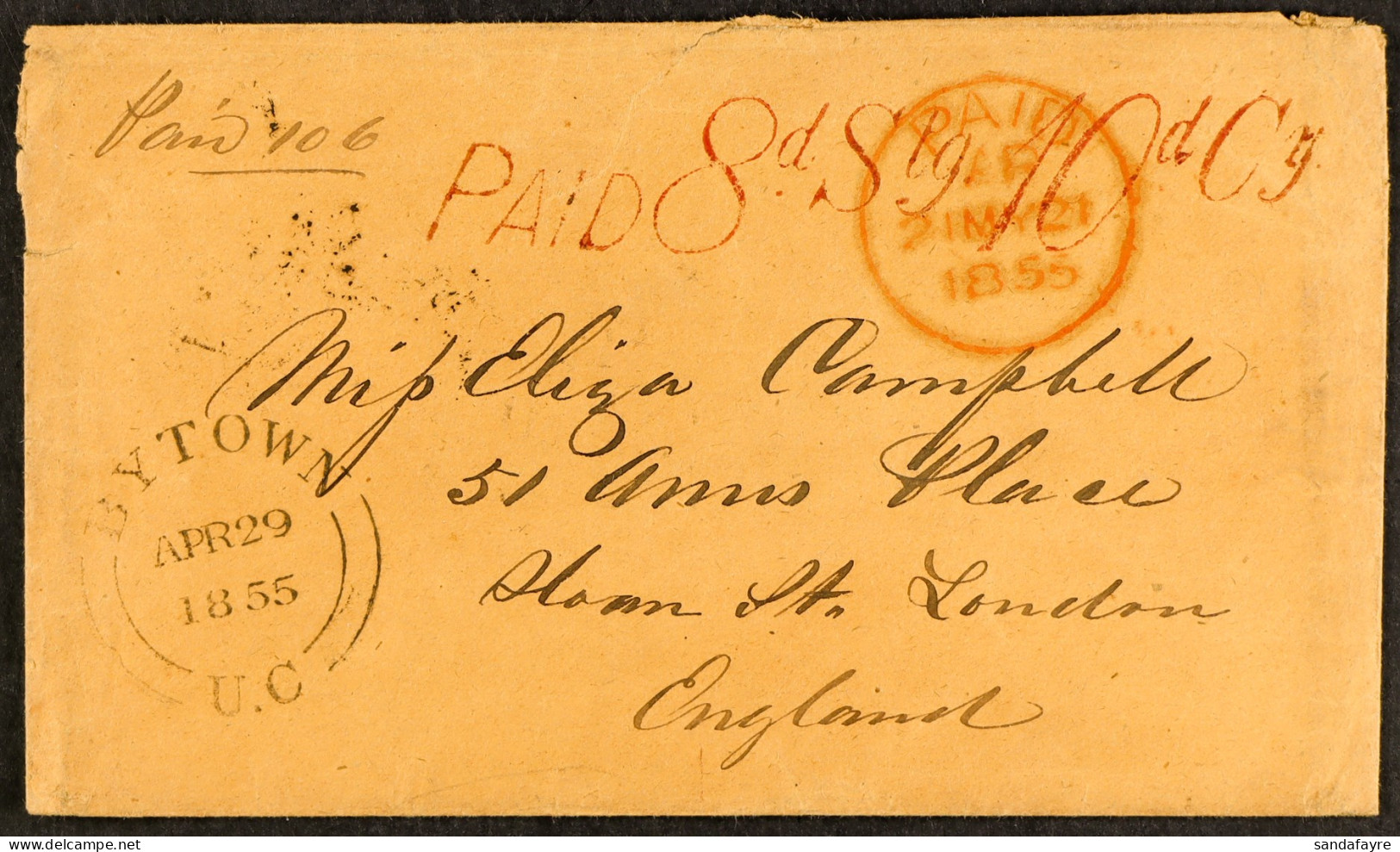 1855 (29th April) Envelope From Bytown, Canada West, To London, England, With H/s â€˜PAID 8d Stg 10d Cy..â€™ Arnell D09, - Sonstige & Ohne Zuordnung