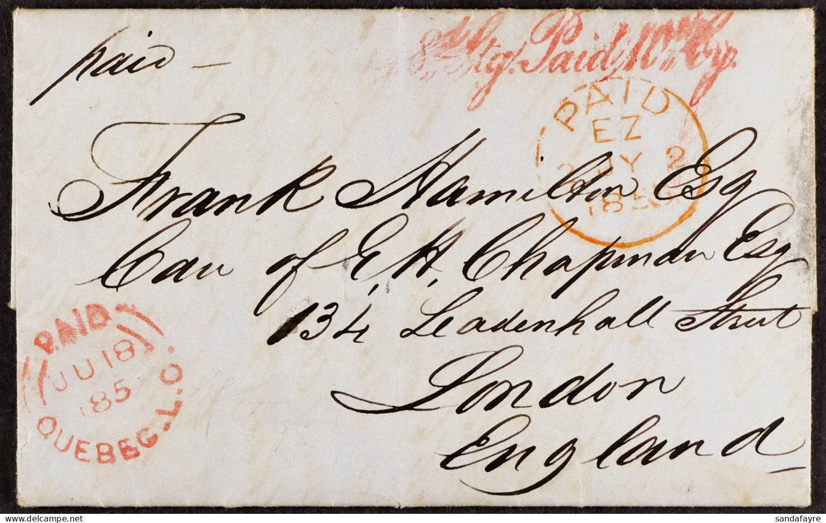 1855 (18th June) Entire Letter From Quebec, Canada East, To London, England, With H/s â€˜8d Stg Paid 10d Cy..â€™ Arnell  - Sonstige & Ohne Zuordnung